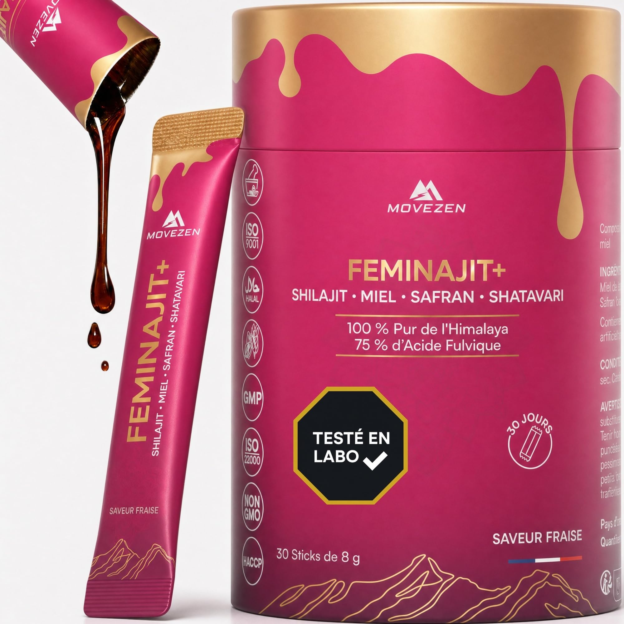 Feminajit+ Shilajit Femme en Stick Pré-dosé, Shilajit Pure Shatavari miel & Safran Movezen, Énergie Durable, Menopause, Vitalité, 30 Sticks Riche en Acide Fulvique, 85+ Minéraux Saveur Fraise