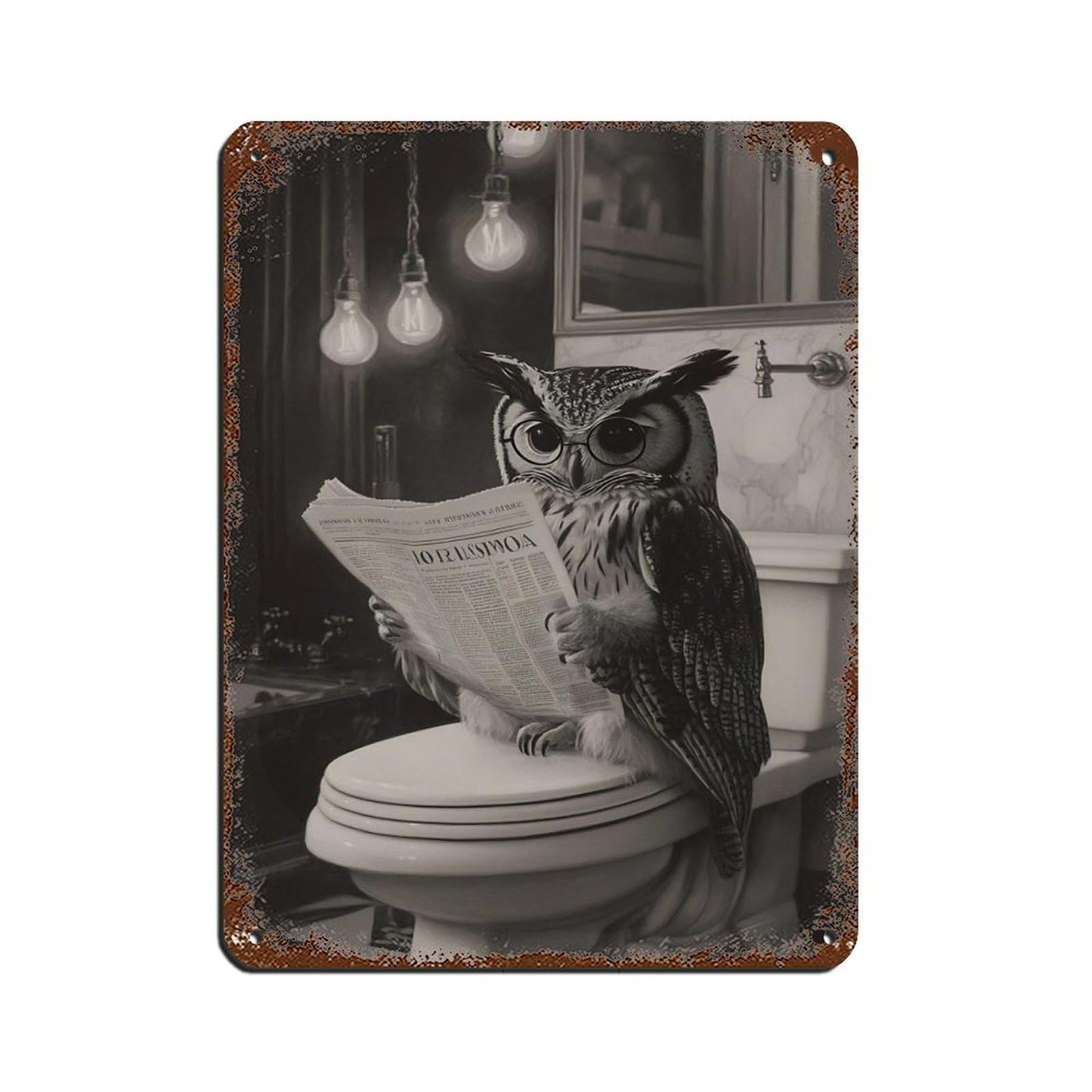 Owl Reading Newspaper Unique Bathroom Tin Sign Vintage Metal Pub Club Cafe Bar Home Wall Art Decoration Poster Retro 12x16inch(30x40cm)