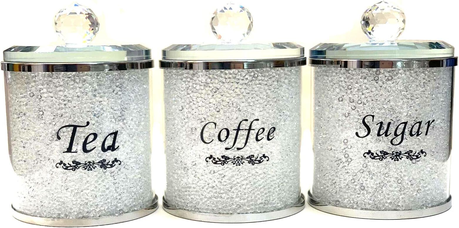 TOV® Diamond Crushed Tea Coffee Sugar CANISTERS Jars Storage Silver Trimmings Crystal Filled