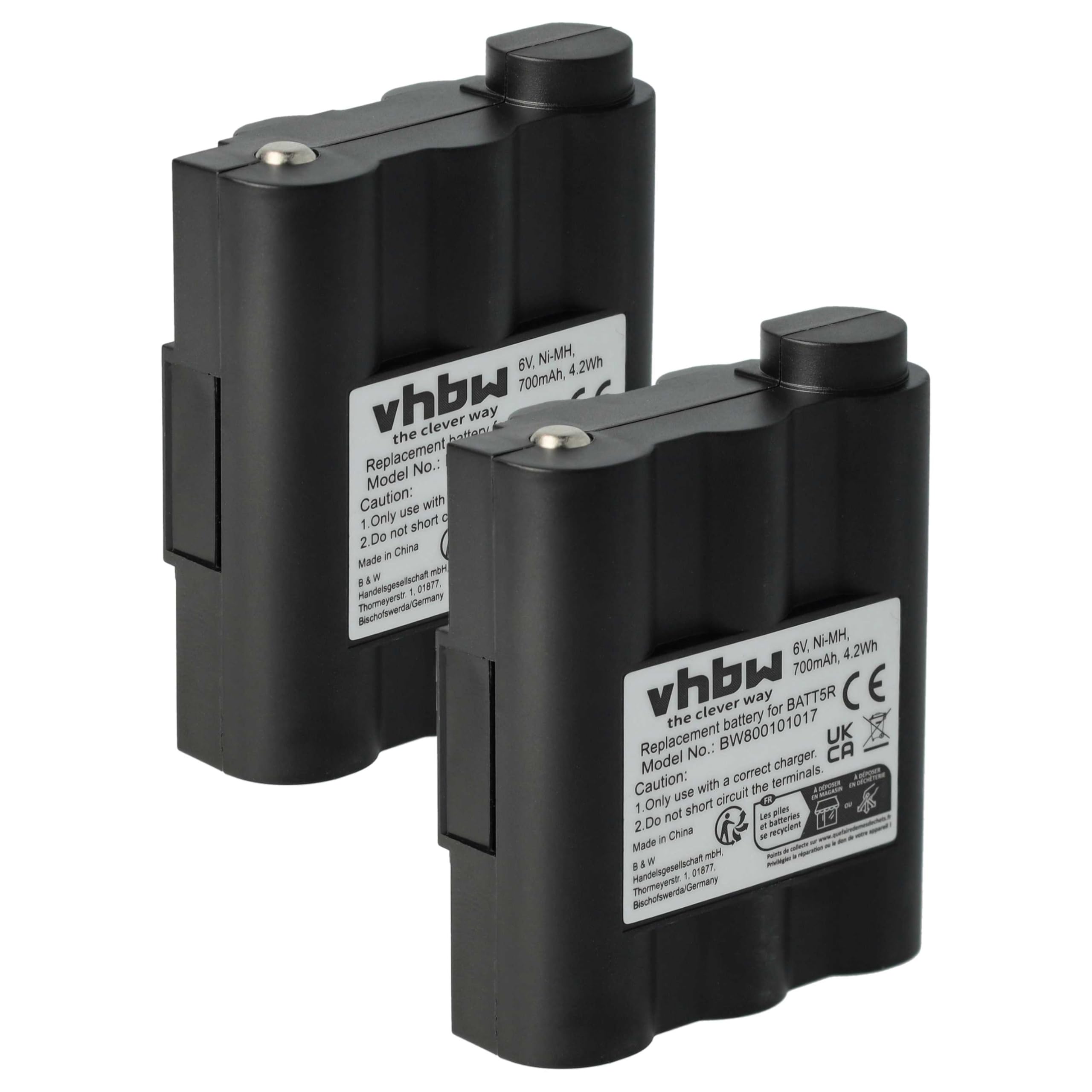 vhbw 2X Batterie Compatible avec Alan Midland GXT-850 | GXT-800, GXT-950, GXT-900, GXT-757, GXT-756, GXT-775 radio talkie-walkie (700mAh, 6V, NiMH)