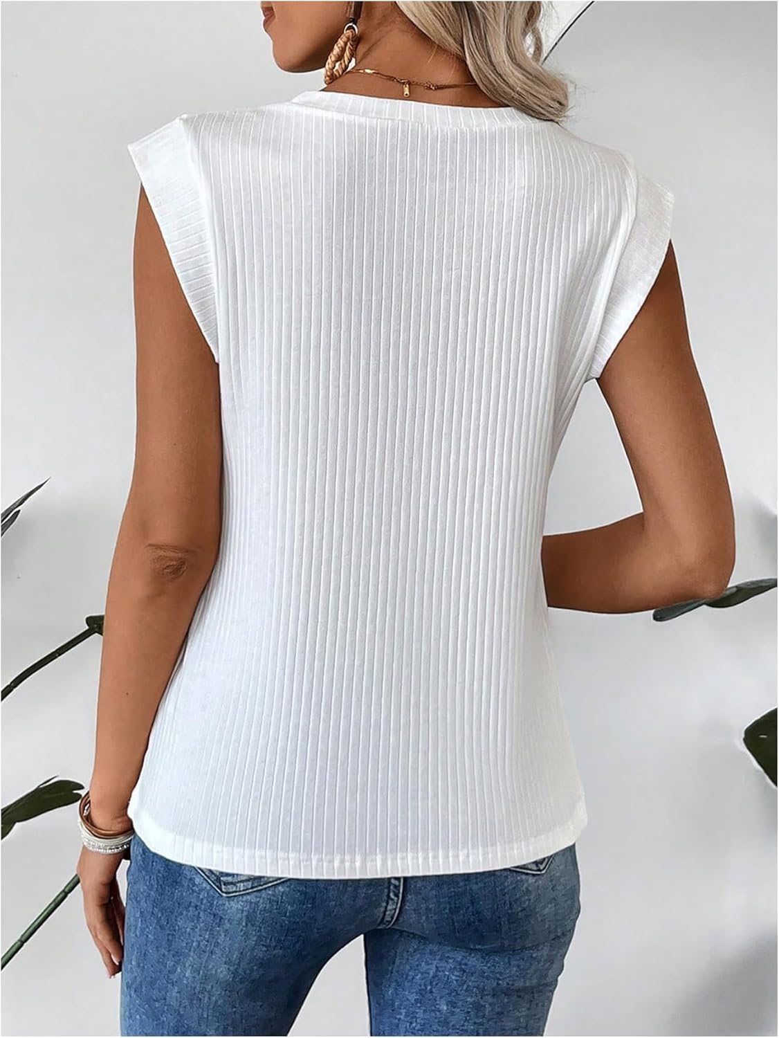 SHENHE Women's Cap Sleeve Ribbed Knit Shirts Crew Neck Going Out Top Casual Basic Tees - Image 3
