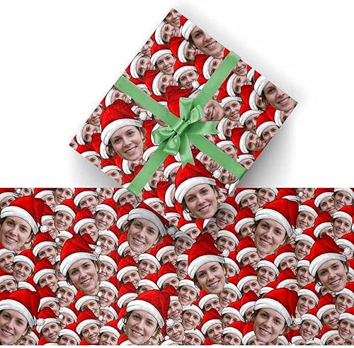 Miniatura 2 de Papel de regalo personalizado con fotografía, Merry Christmas con sombrero de Navidad, papel de regalo personalizado Happy Birthdays con nombre,