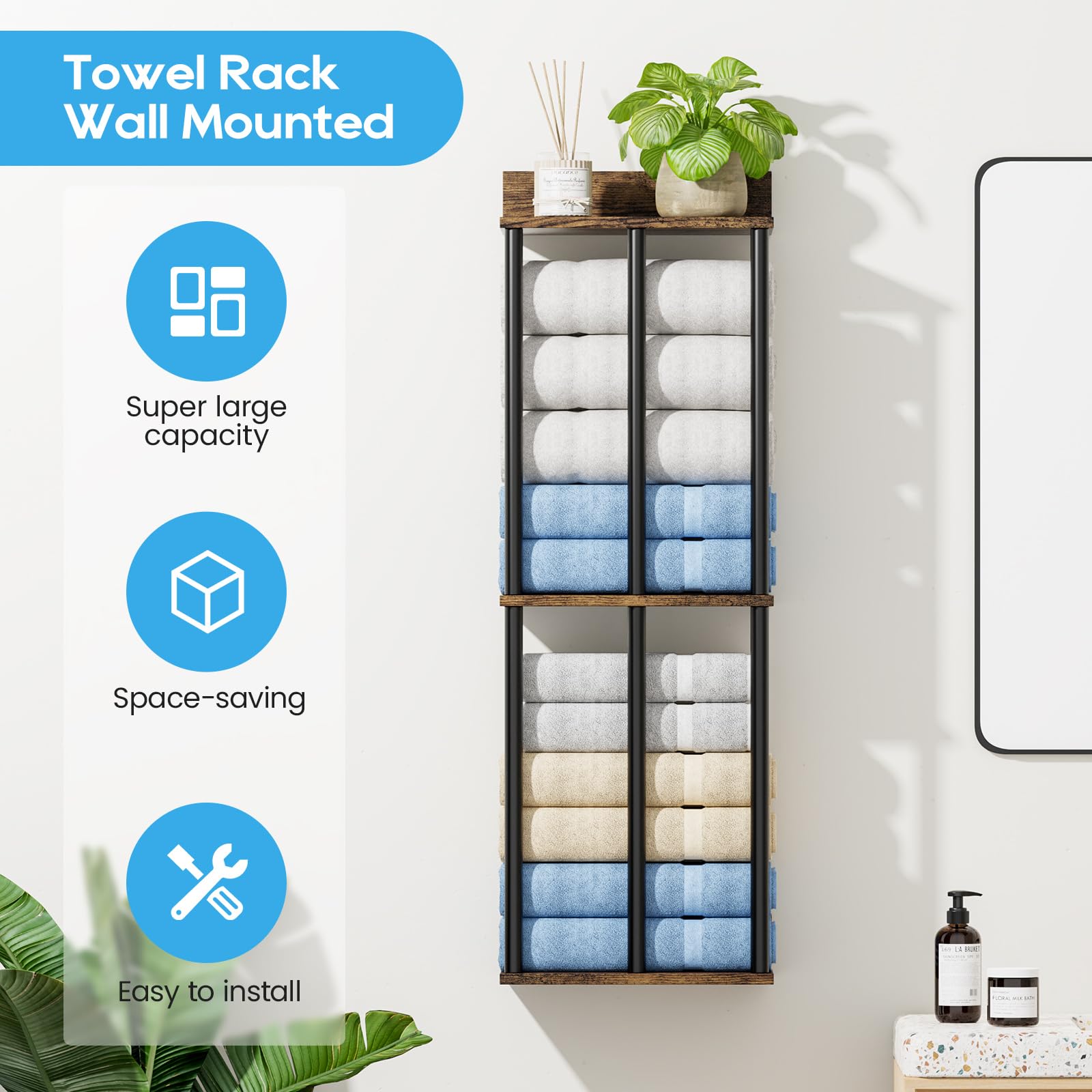 Soporte para Toallas de Pared con Estante de Madera - Organizador de Baño con 3 Barras, Gran Capacidad y Fácil Instalación - Ideal para Toallas Enrolladas - Marrón