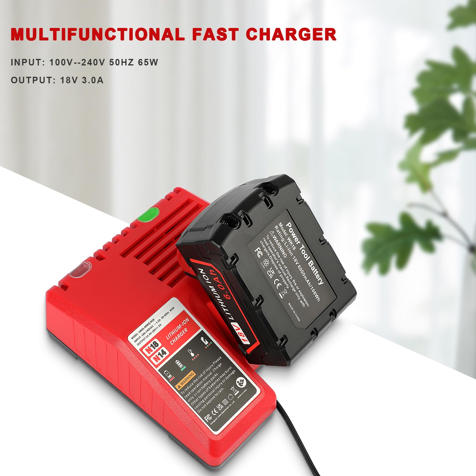 LabTEC Cargador de una batería M18 para Milwaukee, Cargador de 18 V y 65 W de Repuesto para Milwaukee XC 48-59-1812, 48-11-1820, 48-11-2402, 48-11-1840, 48-11-1850, 48-11-1852 y 48-11-2401