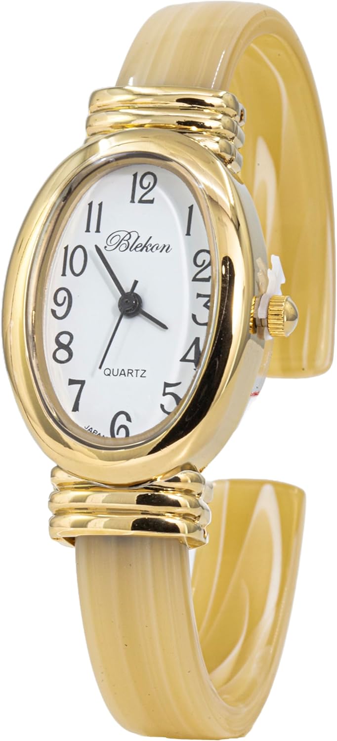 Blekon Collections Women's Round, Oval, Rectangle Case Shapes Acrylic Tortoise Shell Color Design Cuff Bangle Watch