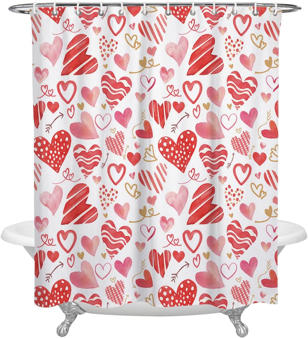 BestLives Valentines Shower Curtain Love Heart Pink Red Bath Curtain Watercolor Romantic Arrow Waterproof Polyester Fabric Bathroom Curtain with 12 Hooks Valentines Day Decoration 72 x 84 Inches