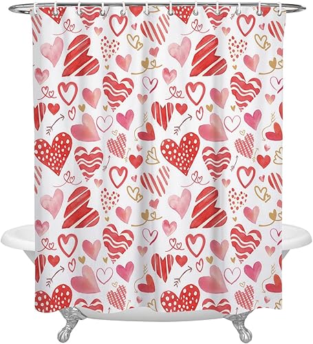BestLives Cortina de ducha de San Valentín, diseño de corazón rosa y rojo, con diseño de flechas románticas, impermeable, tela de poliéster, con 12