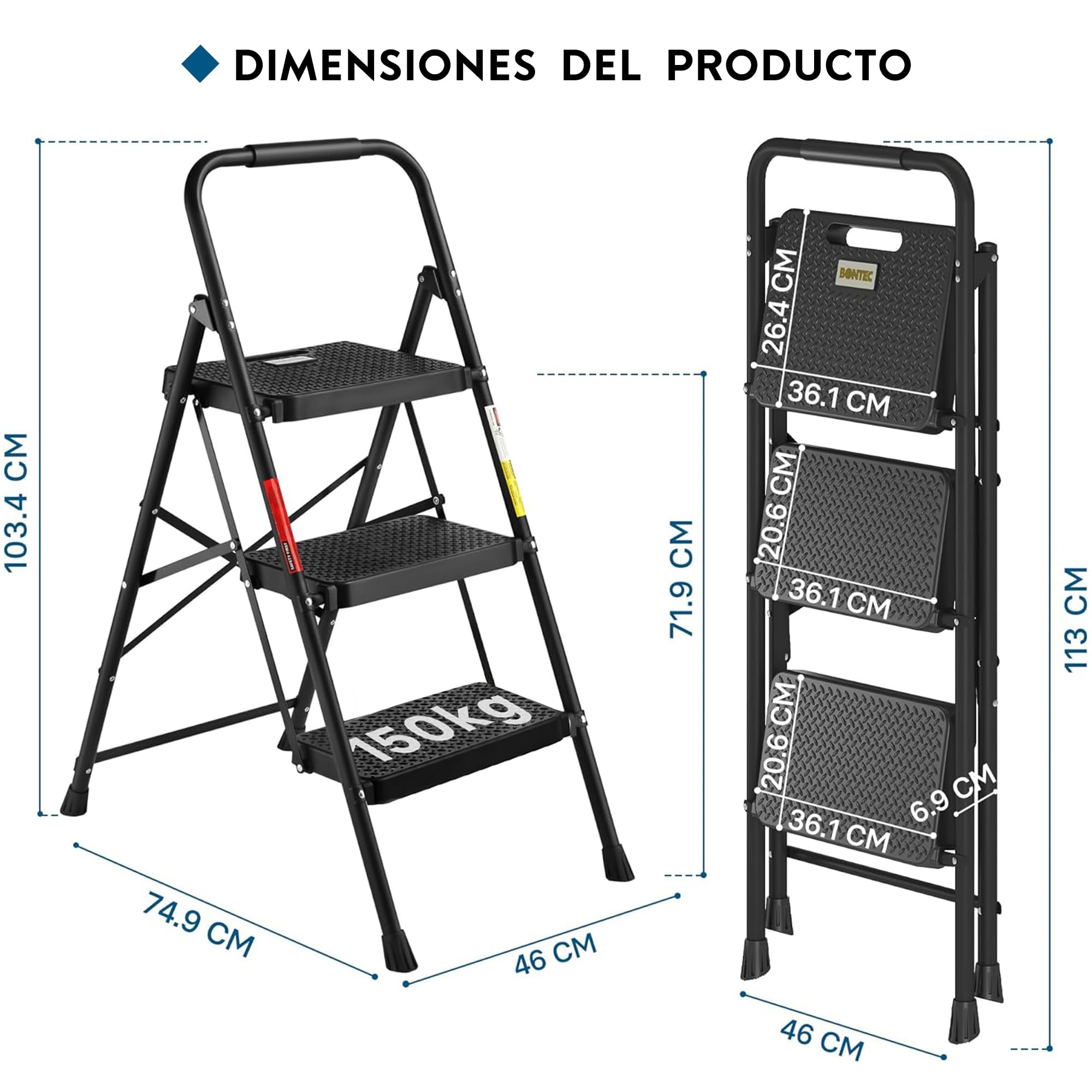 BONTEC Escaleras Plegables de 3 Escalones, Capacidad de 150KG con Pedales Antideslizantes Anchos, Taburete Escaleras de Mano de Acero, Manubrio de Esponja, Uso en Interiores y Exteriores, Negro