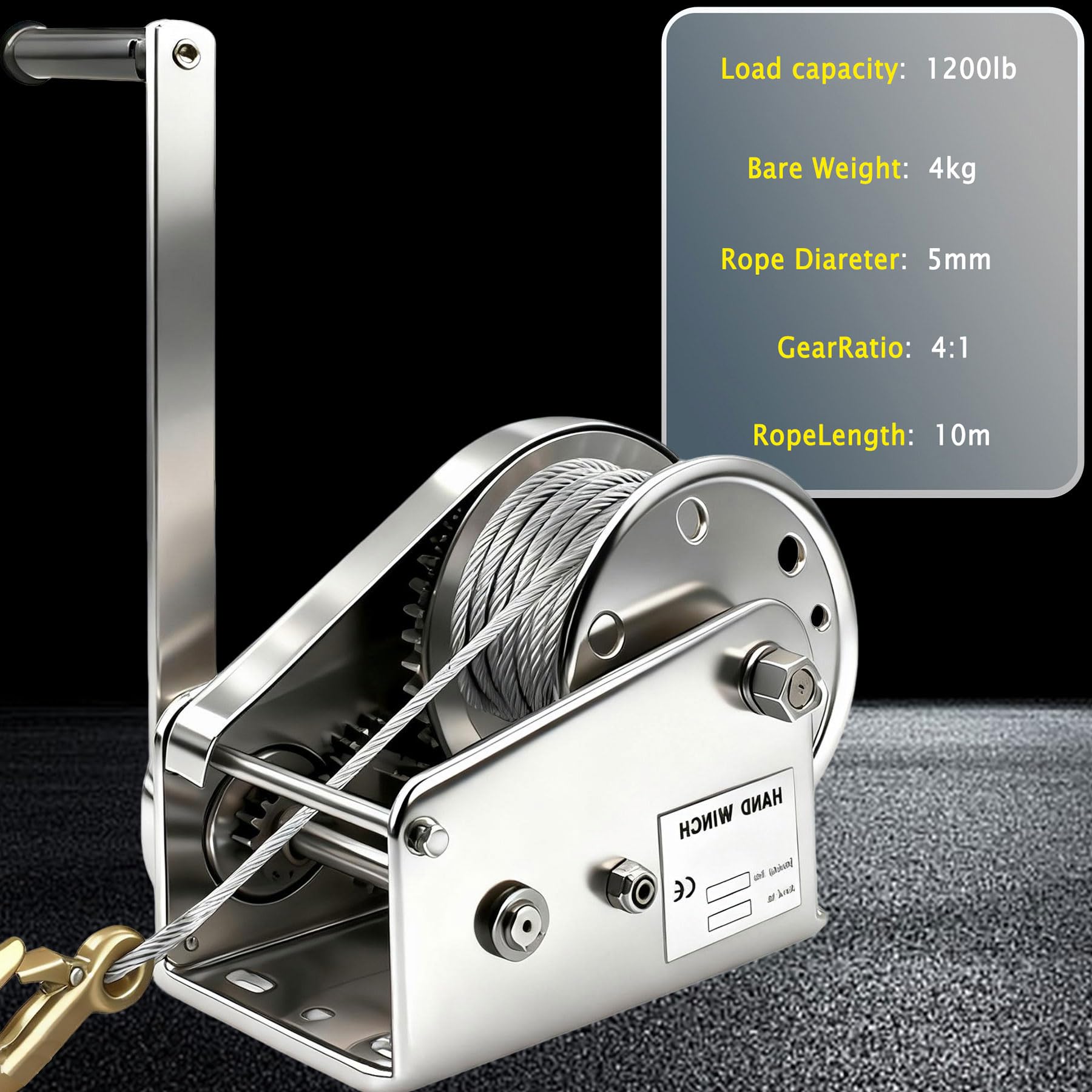 Verricello Manuale Acciaio Inox per Barca e Auto, 1200lbs Verricello Manuale Piccolo con Freno Automatico e Fune in Acciaio da 10m, Argano Manuale per Tirare e Sollevare Carichi Pesanti