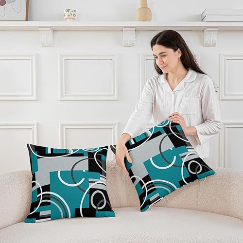 Miniatura 3 de Juego de 2 fundas de almohada modernas color turquesa de 20 x 20 pulgadas, con círculos geométricos para cama, sofá, fundas de cojín negras y