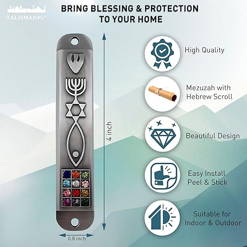 Miniatura 5 de Juego de 3 estaño mezuzá estuche con pergamino para puerta, menorá 3D, estrella de David, diez mandamientos, 12 tribus de Israel, sello mesiánico,