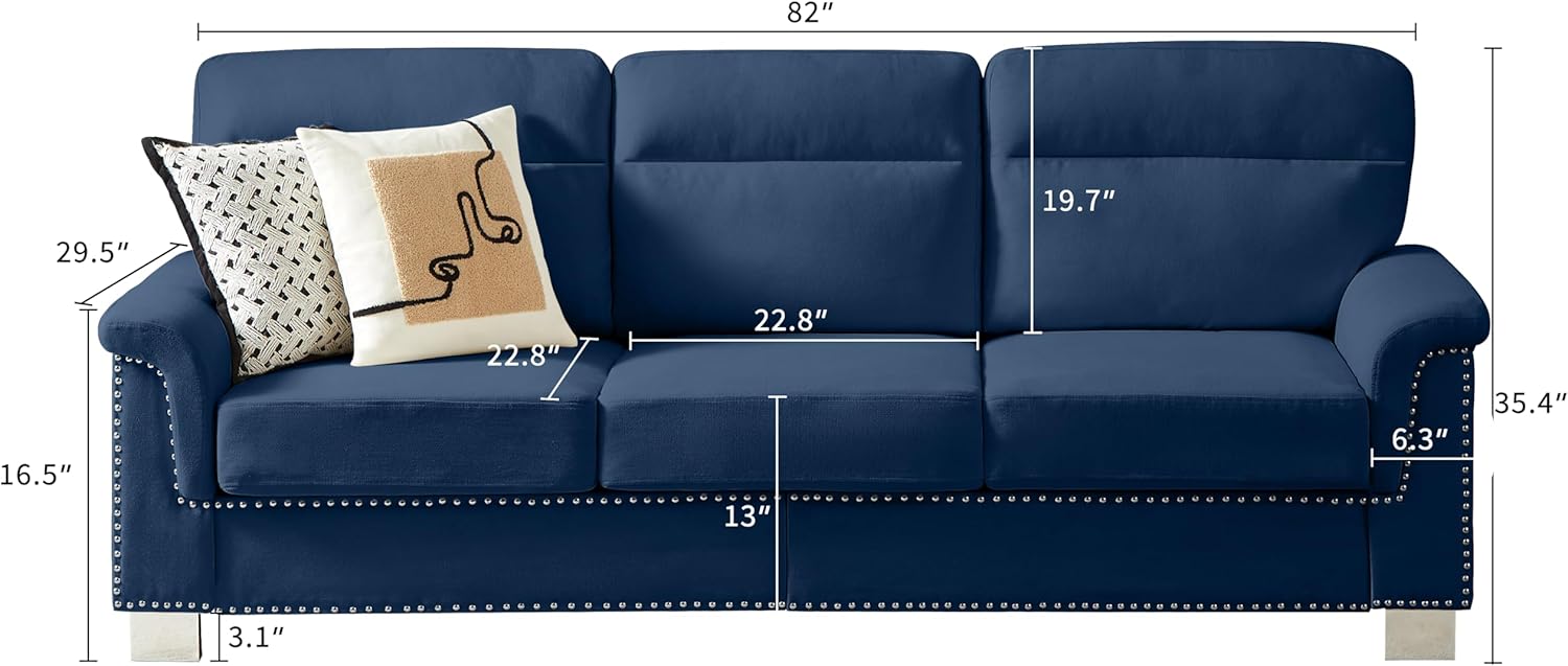 Su & Chan Legence Blue Boneless Couch, 3-Seater Sofa with Removable Cushions, Nailhead Trim, Contemporary Style for Living Room, 84.2''L x 30.3''W x 34.6''H