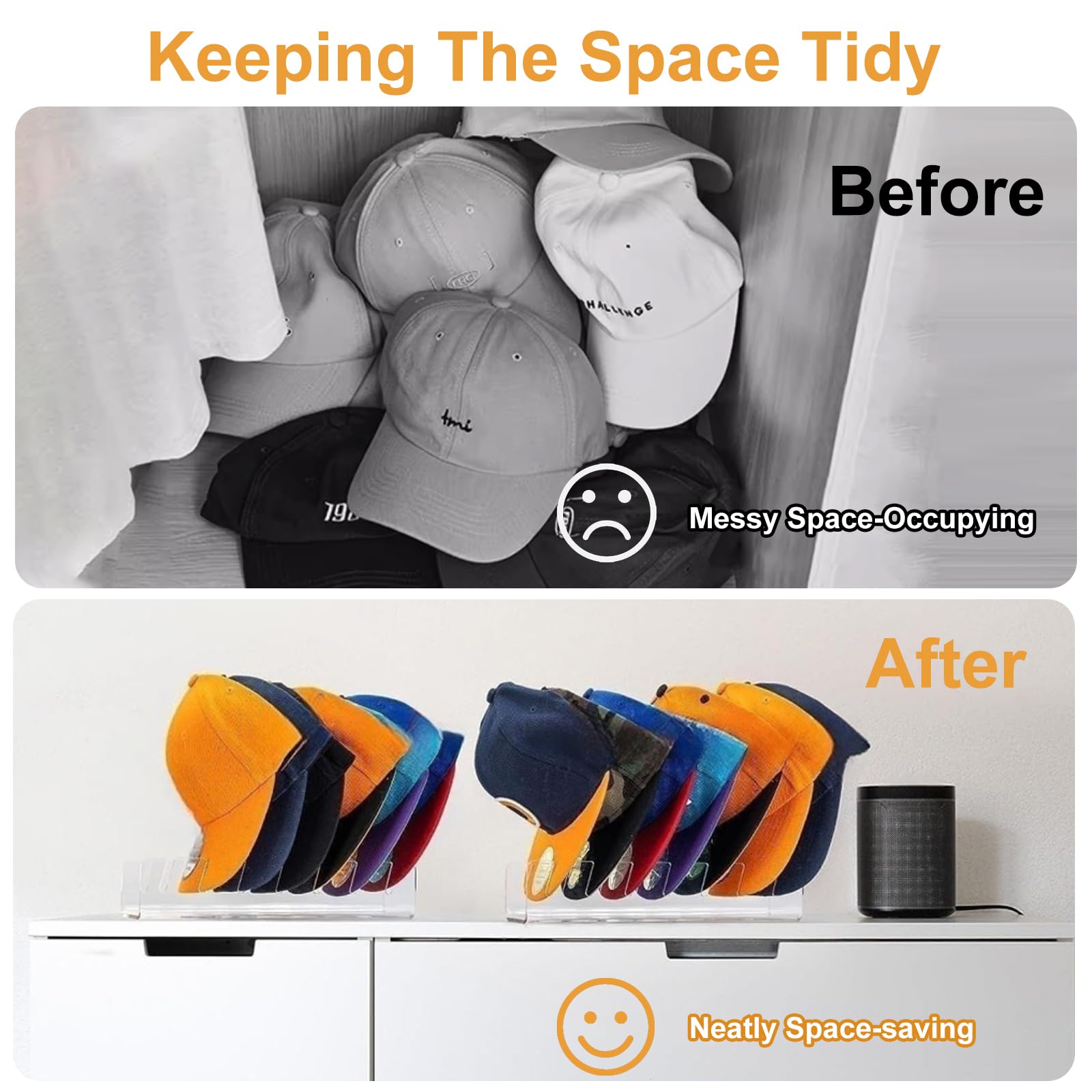 Set da 2 Porta Cappelli in Acrilico Trasparente, Organizzatore per 14 Cappellini, Appendi Cappelli Autoportante Senza Installazione, Soluzione Salvaspazio per Ripiani e Tavoli