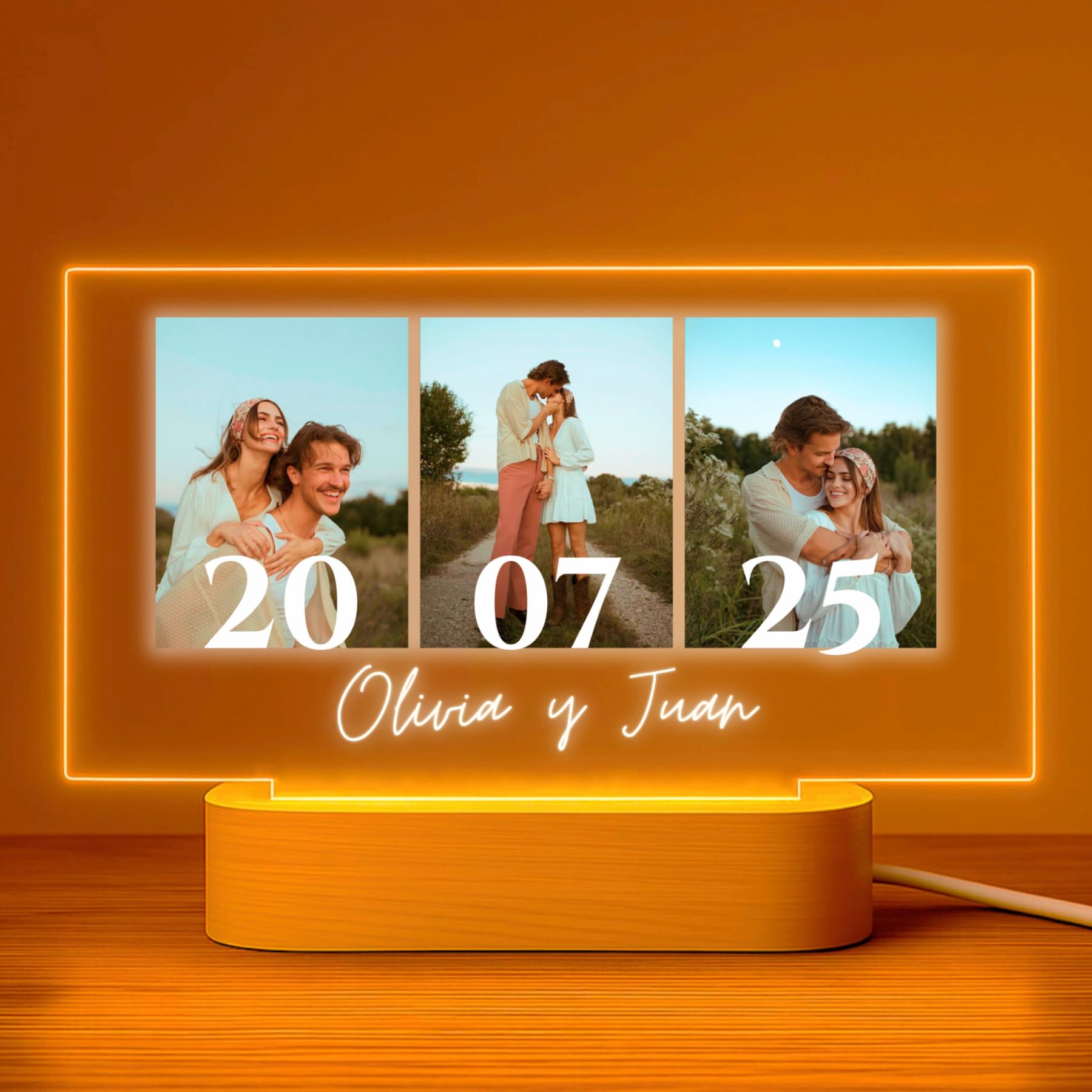 Cristal Plaque Lampara Para Fotos con 3 Imágenes Personalizadas – Regalo Pareja Hombre Horizontal – Lamparas Personalizadas con Fecha y Nombres en Metacrilato con Luz LED
