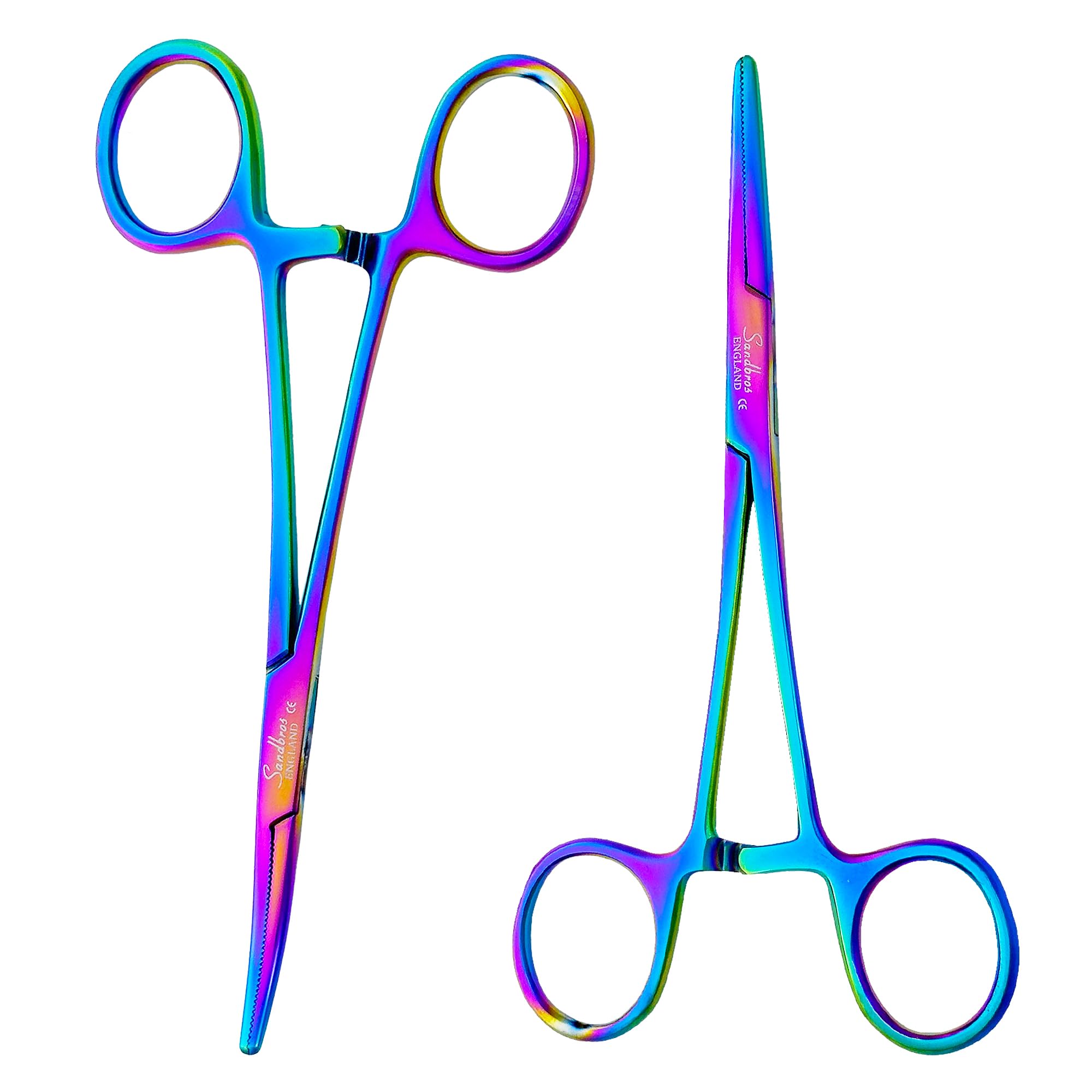 Sandbros Multi Titanium Professional Curved Hemostat Fishing Forceps Of Stainless Steel Used As Jewelry, Fly Fishing And Unhooking Fish Pliers – Pet, Dog Ear Hair Grooming Tweezers (Set Of Straight & Curved)