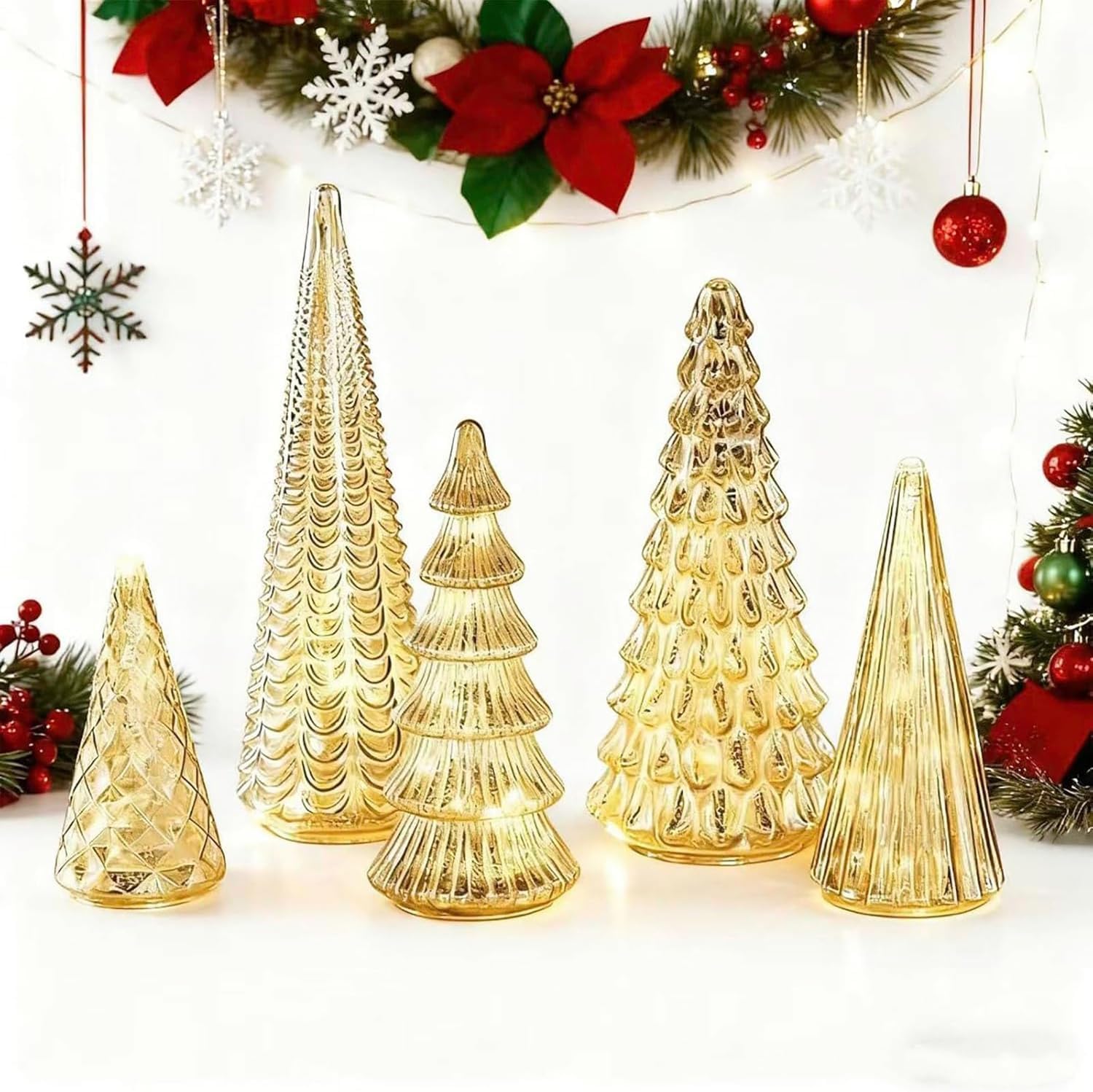 5PCS Mercury Acrylic Christmas Trees, Lighted Christmas Tree Figurine Set, Holiday Tabletop Decoration with LED Lights for Living Room, Bedroom, Fireplace & Office