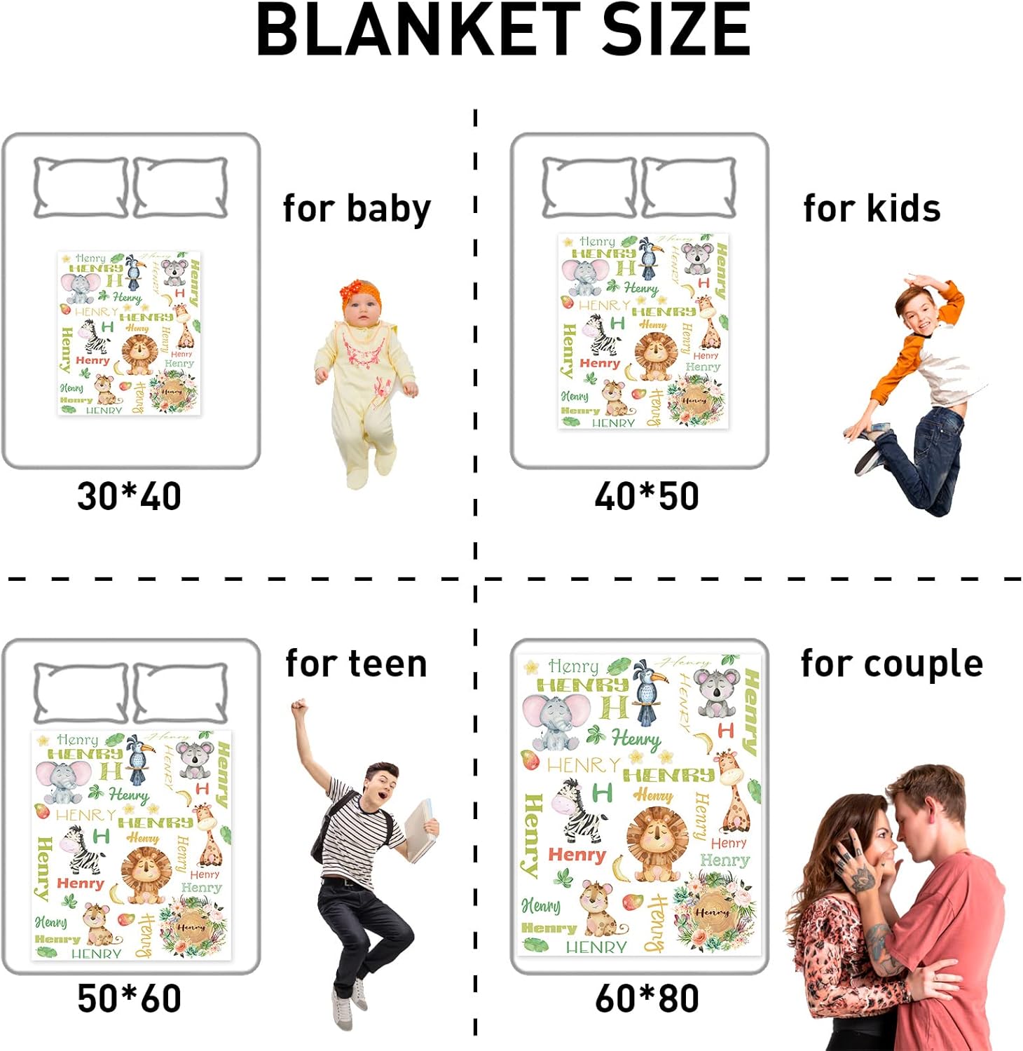 KAINSY Personalized Animals Baby Throw Blanket for Boys Girls Jungle Safari Custom Name Nursery Bed Blankets for Newborn Kids Cute Birthday Gifts, Olive Green, 40 x 50inch