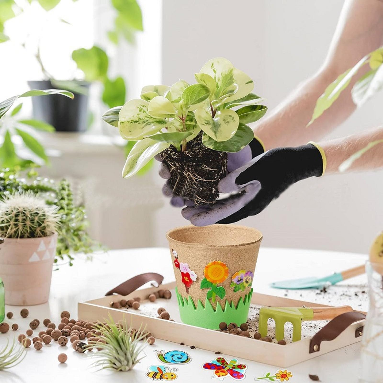 10 macetas de cultivo de pintura DIY. Macetas redondas de aprox. 8 cm. Macetas de cultivo biodegradables. Macetas pequeñas con 2 vallas verdes de 100 cm y 4 pegatinas.