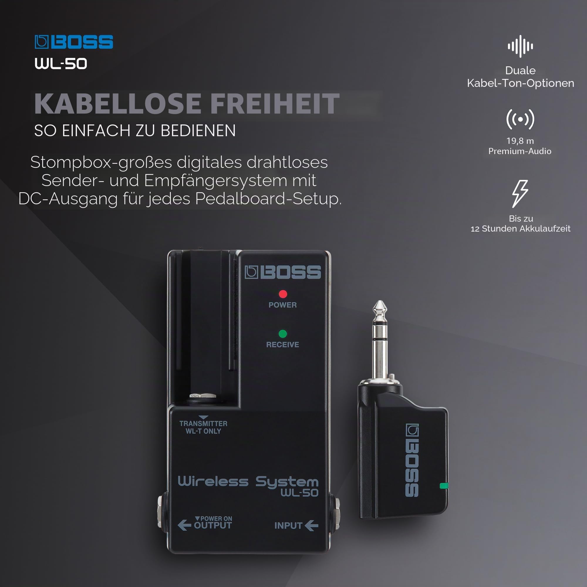 BOSS WL-50 virtuelles Gitarrenkabel für Pedalboards | Plug-and-Play Wireless-System im Pedalformat | Für Gitarre, Bass und andere elektrische Instrumente | integrierte Kabelsound-Simulation