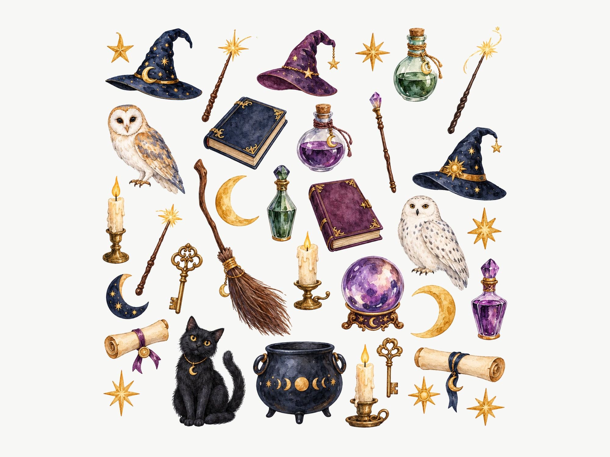 MOOGCO Wizard Academy, set di 35 adesivi da parete per cameretta dei bambini, finitura satinata rimovibile, 59in / 59in / 150 x 150 cm (larghezza x altezza)