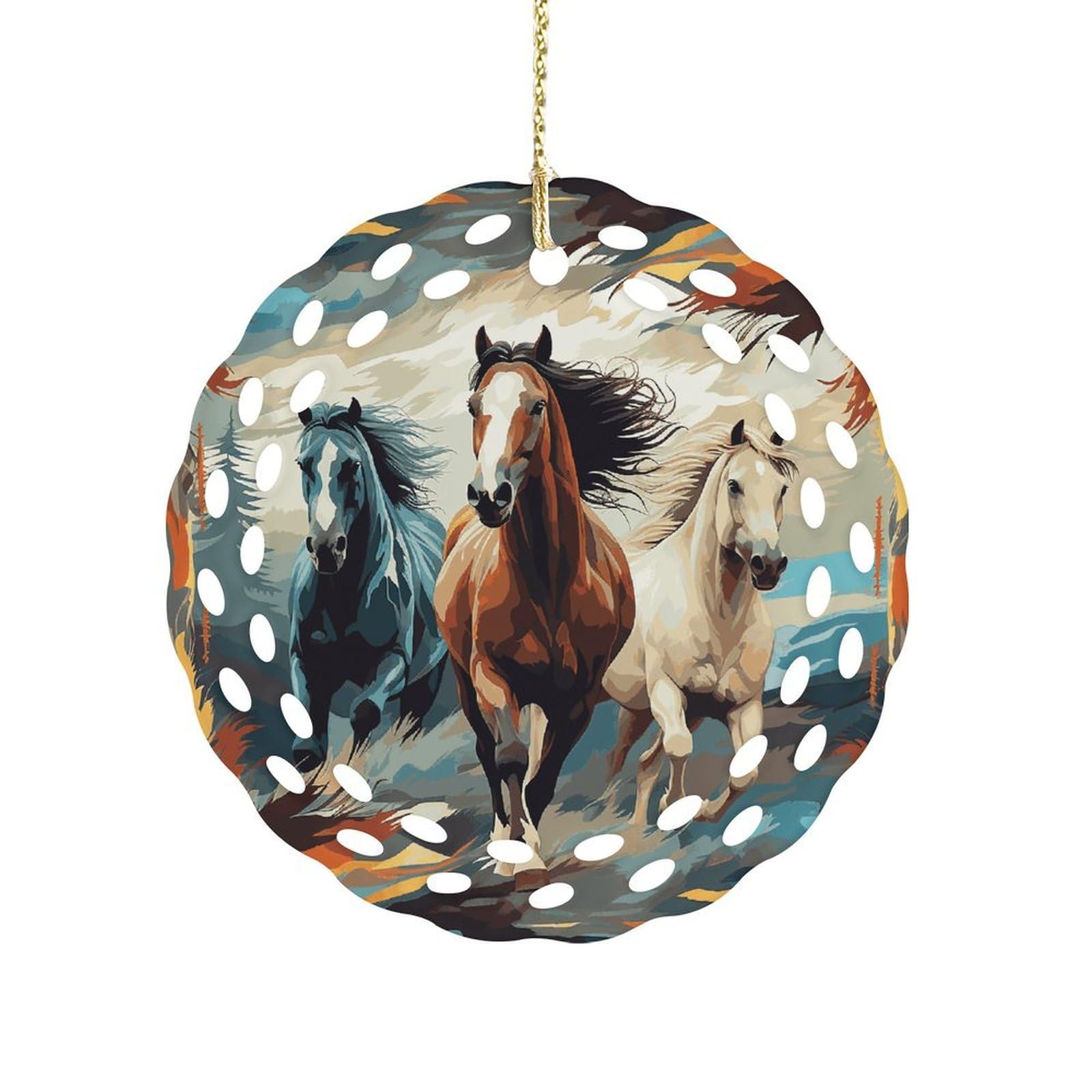 Btcowzrv Style A Pattern With Horses As A Background Ceramic Ornament,Round Ornaments With Hole Easy To Hang,Hanging Ornament For Wedding Party Home Window Garden Christmas Day Decor