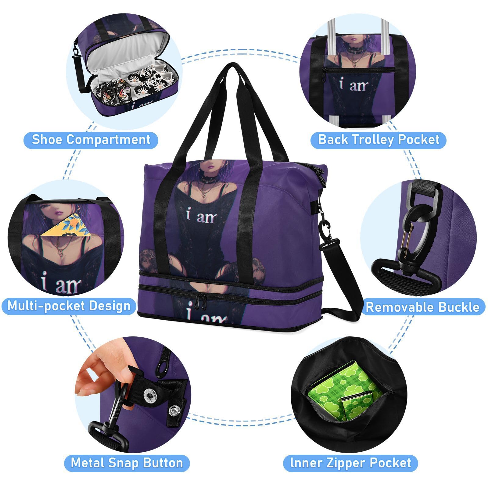 Cool Purple Punk Anime Girl Carry On Tote Bag with Wet Pocket Adjustable Strap Gym Tote Bag for Workout Wielofunkcyjna dla mężczyzn kobiet