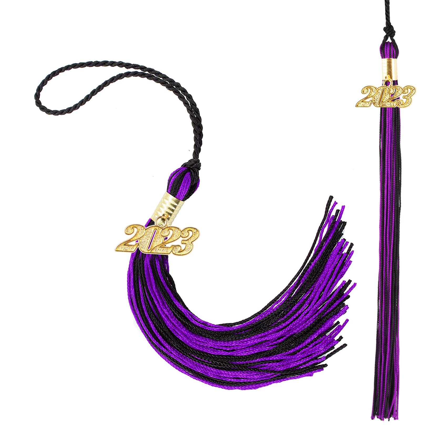 2PCS 2023 Graduation Tassels,Graduation Tassel with 2023 Year Graduation Tassel Academic Charm Ceremonies Accessories for Graduates Gold Tassel for Graduation Party Ceremonies Gift(Black and Purple)