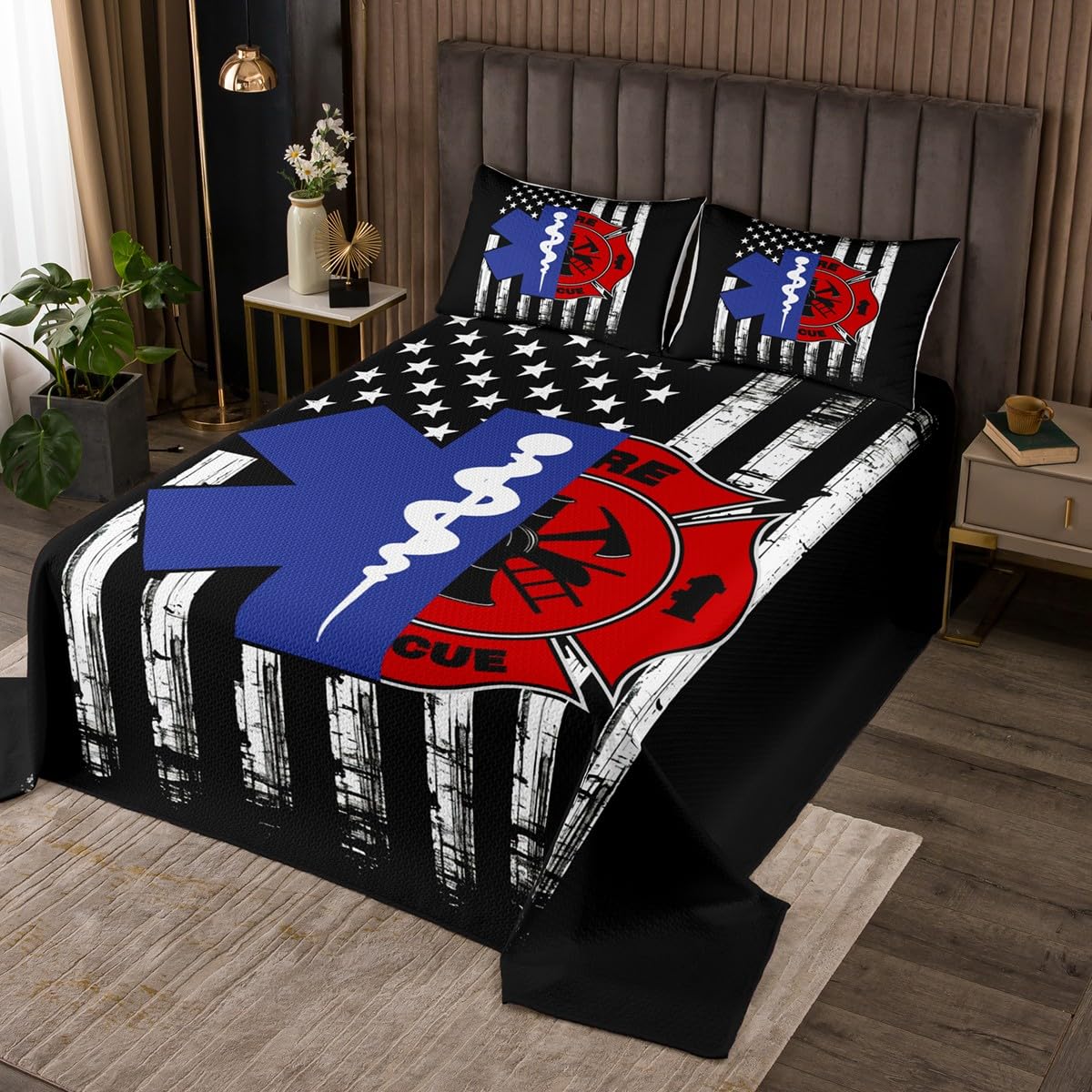 Firefighter EMT Badge Coverlet Set Twin Size,Practitioner Fireman Themed Quilted Coverlet for Kids Children Room,Stars Stripes American Flag