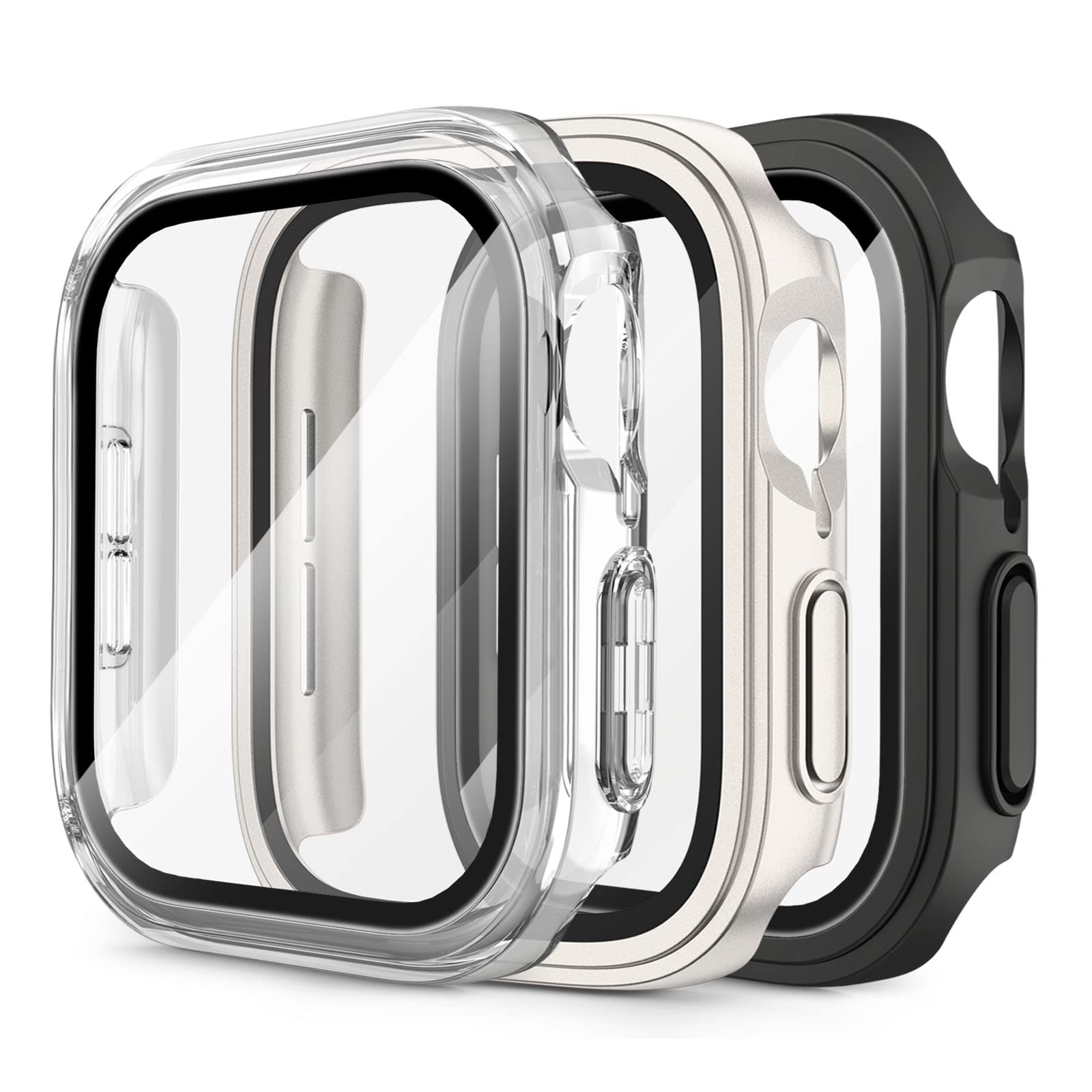 Vancle[3 Pack] Hard PC Case for Apple Watch Case 45mm Series 8 & 7 with Tempered Glass Screen Protector, Full Hard Ultra-Thin Scratch Resistant Bumper Protective Cover (41MM, Black+Clear+Starlight)