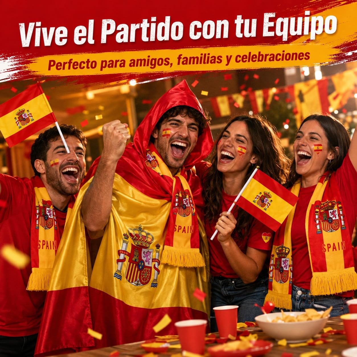 Kit de Animación Mundial 2026 con Capa Bandera de España y Bufanda España Mundial 2026, Pegatinas Faciales y Banderines de Mano para Celebración de Partidos y Estadios por Aficionados