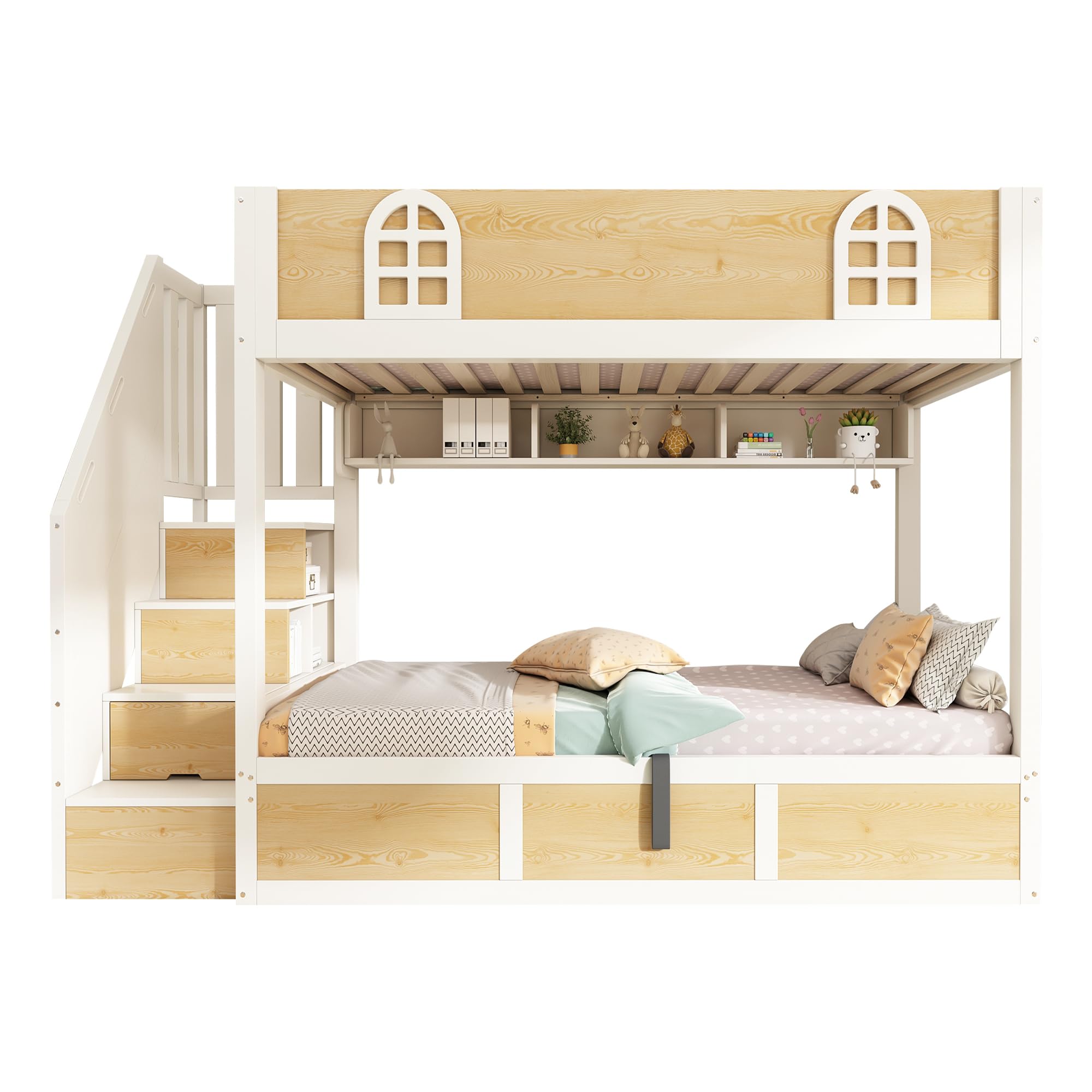 Letto a castello per bambini, 90 x 200 cm, con armadio per scale e vano portaoggetti, letto a castello doppio bianco e naturale, con ringhiere di sicurezza e rete a doghe, senza materasso