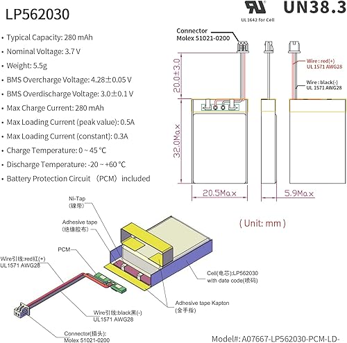 Miniatura 3 de EEMB Batería de polímero de litio 3.7V 280mAh 562030 Lipo Batería recargable con conector Molex de alambre para altavoz Bluetooth Dashcam - Confirma