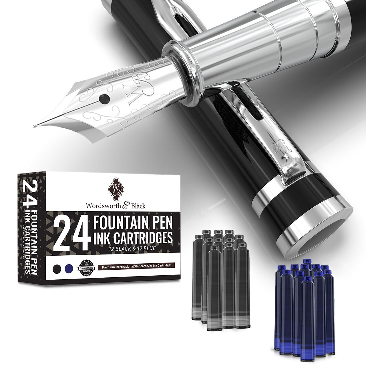 Wordsworth & Black Fountain Pen Set, Extra Fine Nib, Includes 6 Ink Cartridges and Ink Refill Converter, Gift Box, Journaling, Calligraphy, [Black Chrome]
