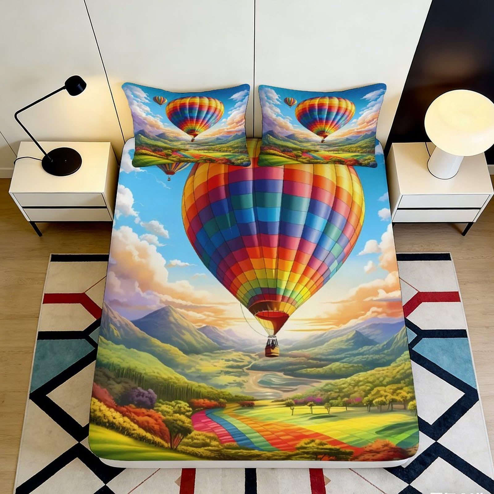 3D Printed Hot Air Balloon Fitted Sheet Microfiber Colourful Landscape Bed Cover for Bedroom Dorm Mattress Protection Decor 90x200x25cm