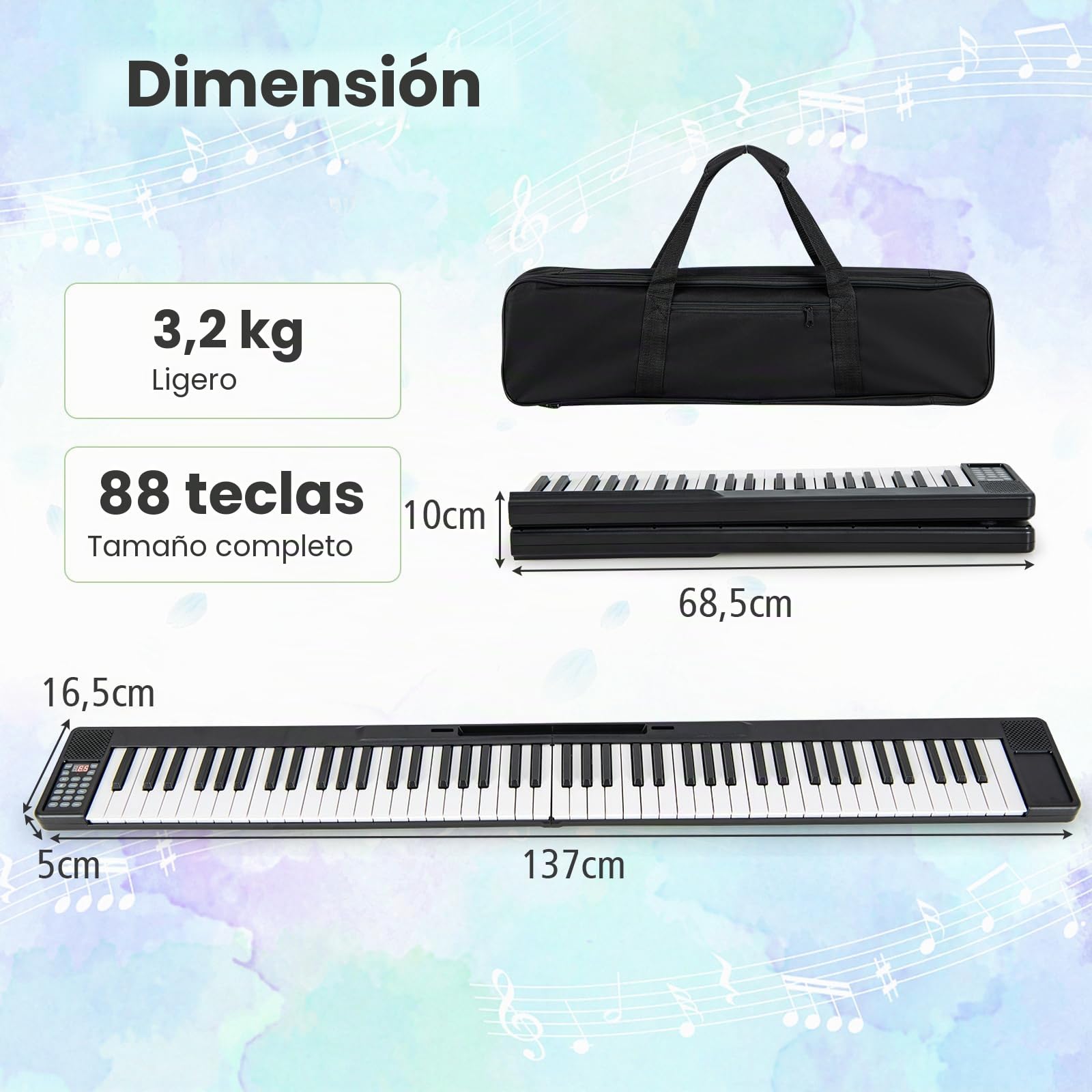 KOMFOTTEU Piano Digital de 88 Teclas con Función MIDI y Bluetooth, Teclado de Piano Electrónico Multifuncional, Piano Digital Plegable con Bolsa de Transporte