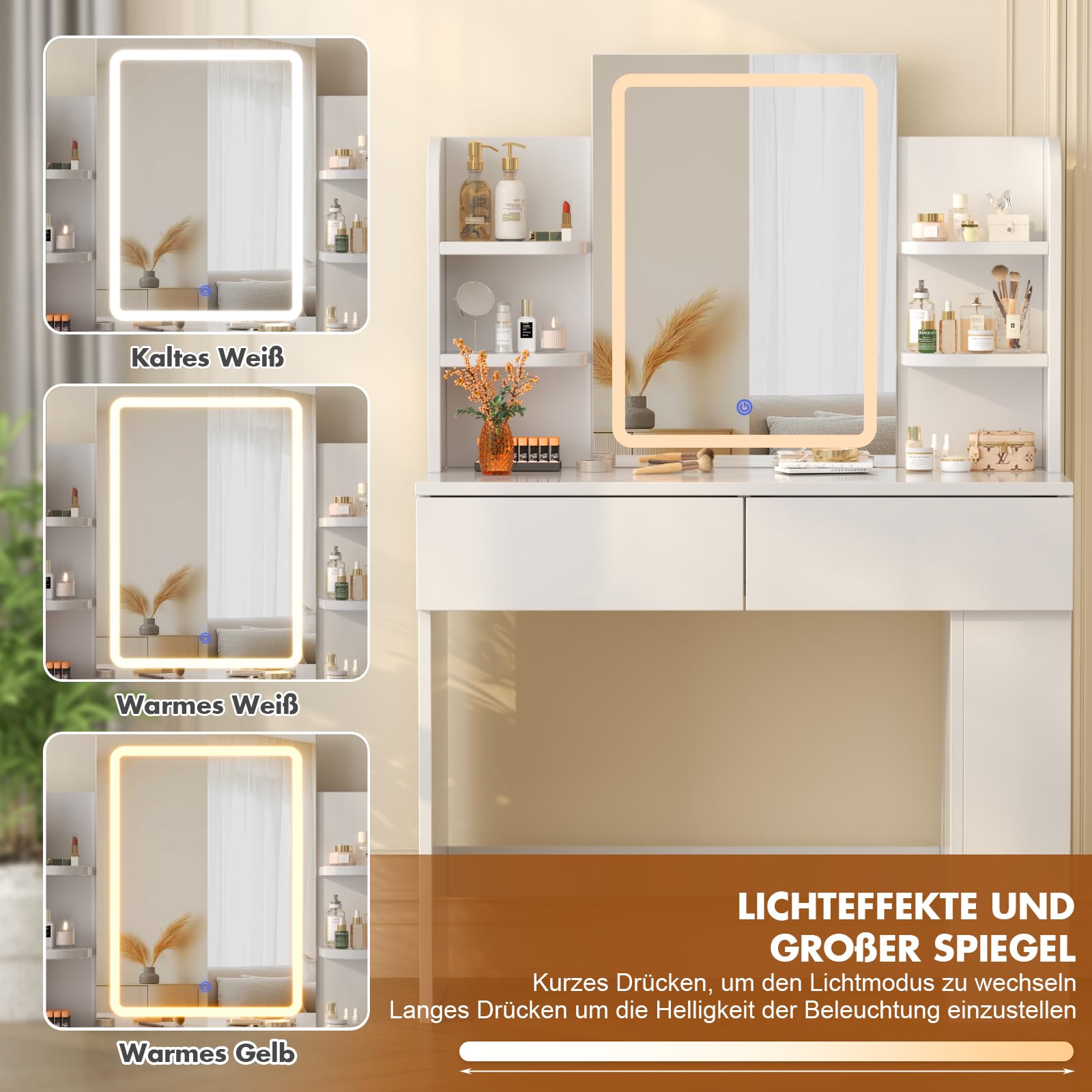 Devoko Schminktisch mit LED-Beleuchtung Spiegel, 3 Farben Verstellbarer Helligkeit, Frisiertisch mit 2 Schubladen, 4 Ablageböden, Modern, 90 x 40 cm für das Schlafzimmer, Weiß