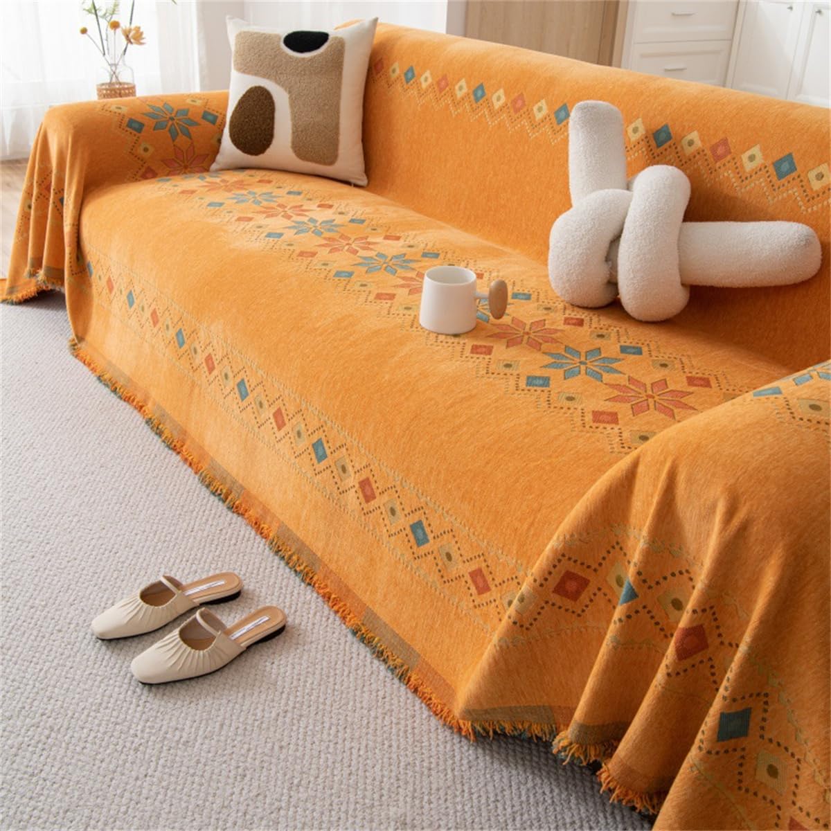 YJSZY Sofa Throws Large,Bohemian Extra Large Throws For Settees,Boho Chenille Versatile Soft Throw Blanket With Tassels For Bed Armchair Chair Slipcover 1 2 3 4 Seater,Couch Cover (Orange,180x180cm)