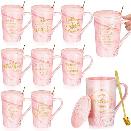 10 Pcs Teachers Gifts Set 14 oz Teacher Mugs for Women Pink Marble Ceramic Teacher Coffee Mug Teacher Appreciation Gifts Bulk with Lid Spoon Box for School Teacher's Day from Students, 10 Styles