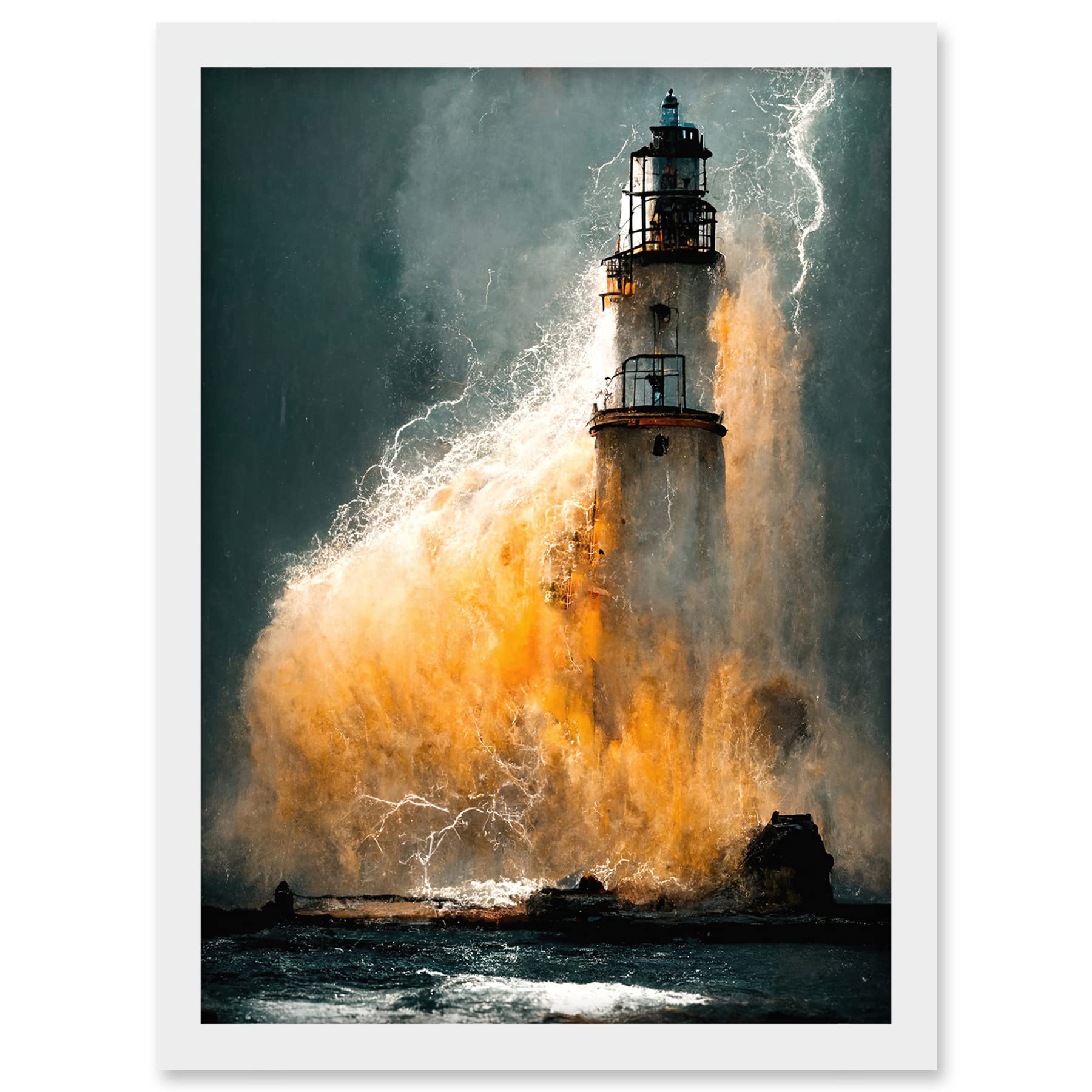 Doppelganger33 LTD Lighthouse Storm French Coastline Lightning Hurricane Artwork Framed A3 Wall Art Print