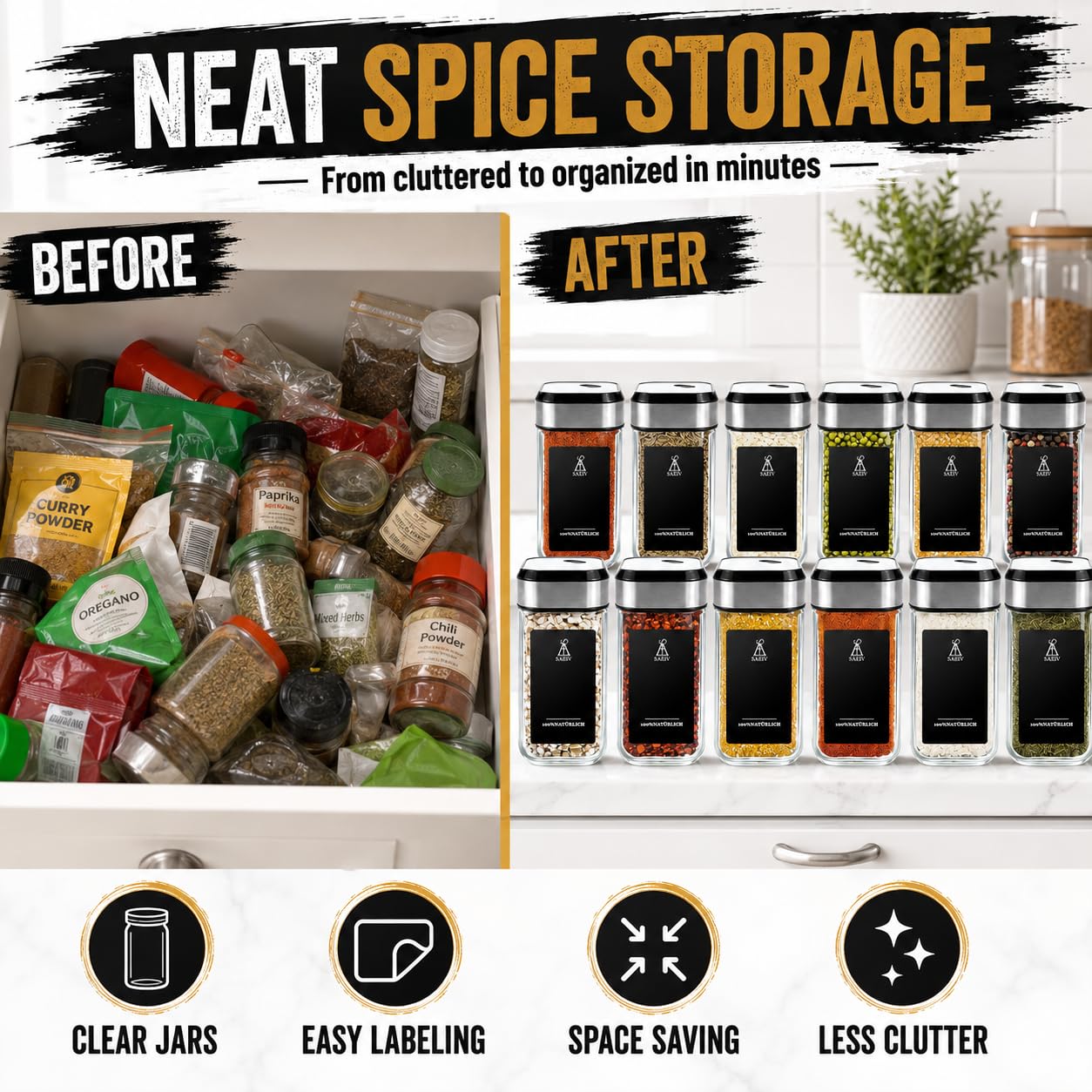 360° Rotation Gewürzgläser Eckig Set | Drei Kaliber, frei einstellbar | 12 Gewürzdosen Mit Gewürzetiketten | Perfekte Organisation Küche Gewürz Organizer | 120ml Gewürzbehälter Glas