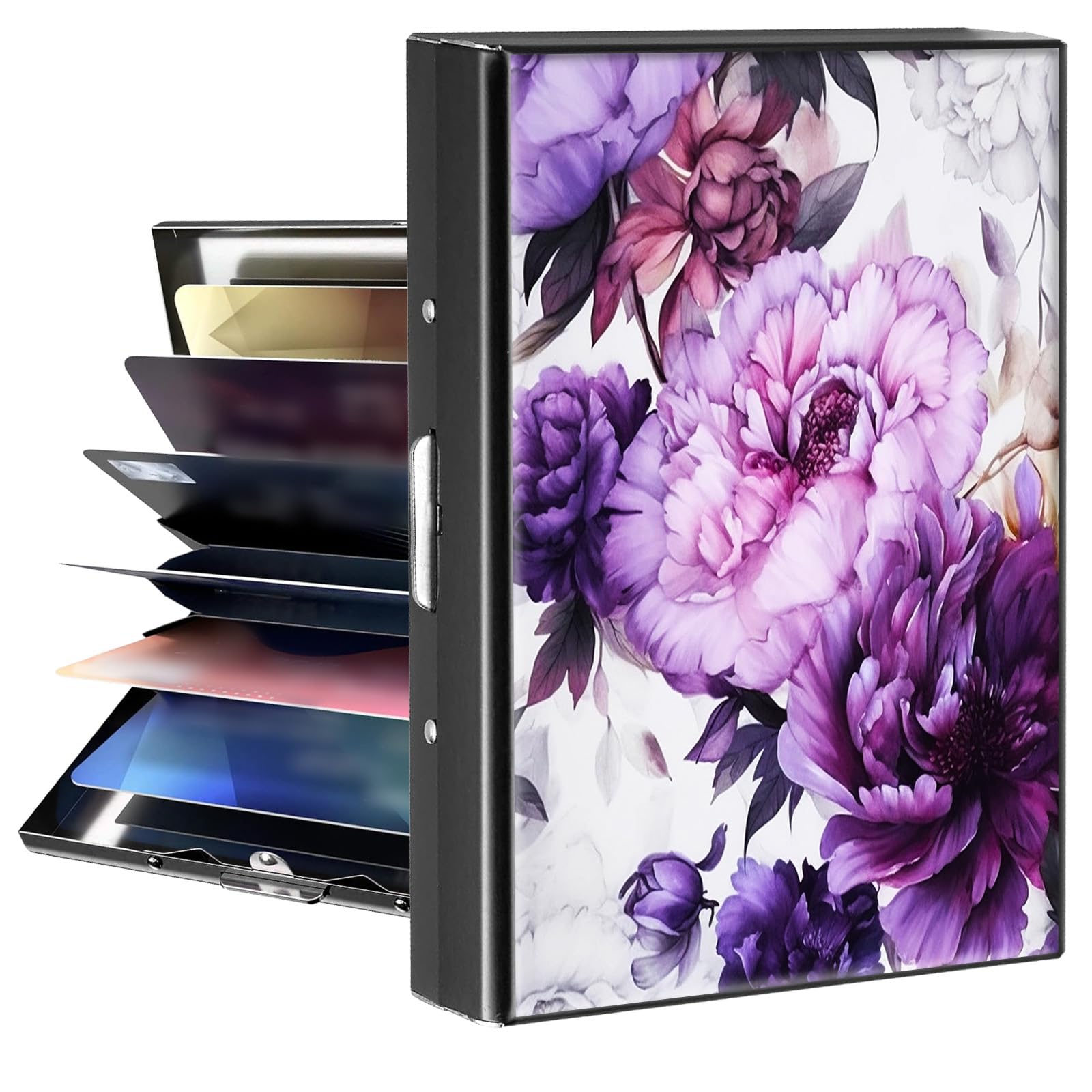 BPQOJB Business Card Holder Metal Rfid Card Holder Unique Purple Flowers Pattern Style Design Credit Card Wallet With 6 Card Slots Black Credit Card