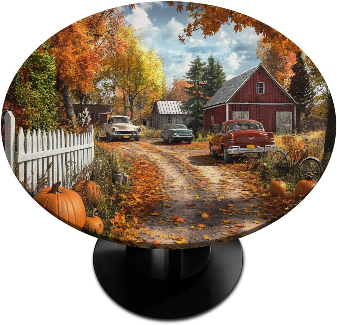Round Tablecloth with Elastic Edge Farm Pumpkin Fall Fitted Circle Table Cover wipeable Round Table Cloth for Indoor Outdoor Patio Dining Kitchen Decor for 45-50inch Tables