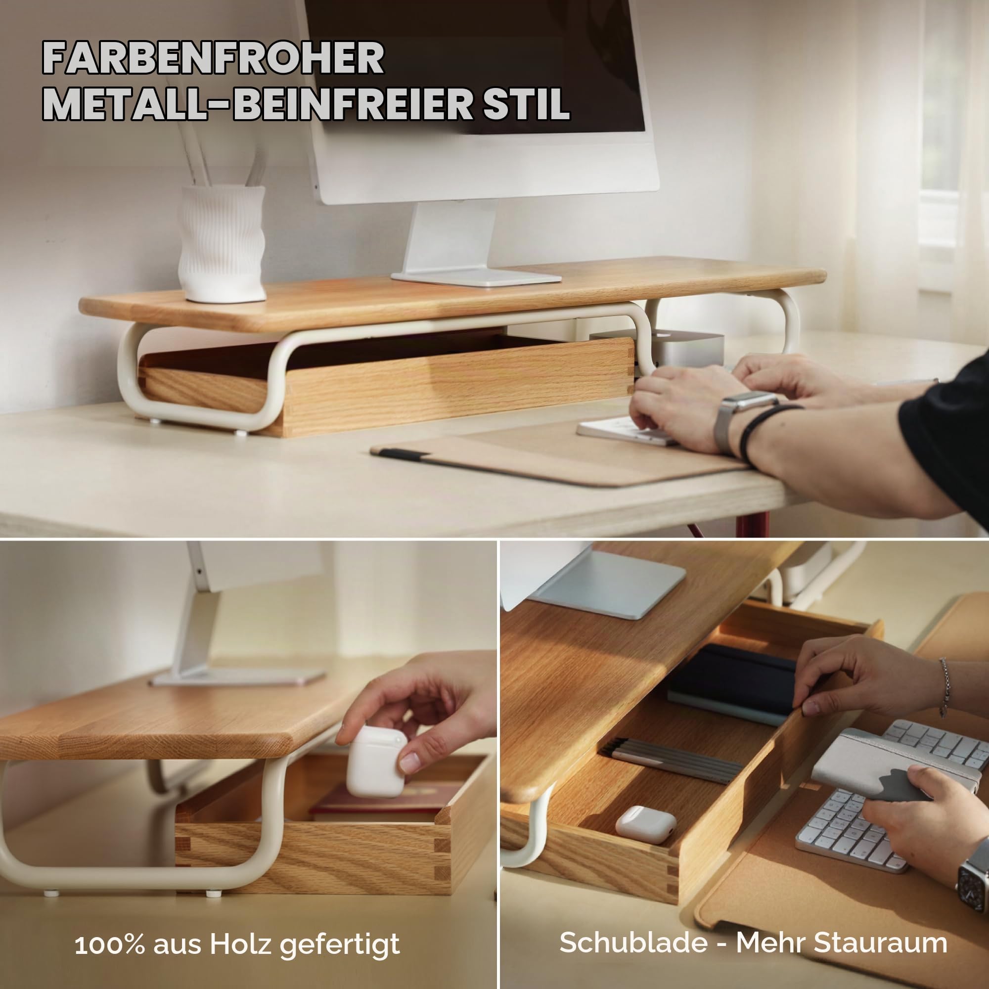 Fenge Monitorständer, 95cm, Massiv-Eiche & Metall, für Laptop PC TV, Eiche