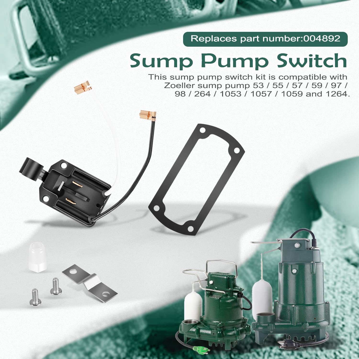 004892 Interruptor de repuesto para bomba de sumidero, interruptor de bomba de efluente con junta, compatible con los modelos de bomba de sumidero Zoeller 53 55 57 59 97 98 264 1053 1057 1059 y 1264