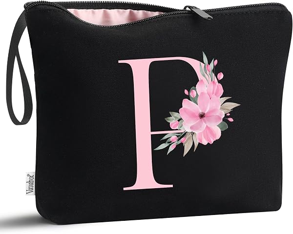 Vavabox Trousse de Toilette personnalisée A à Z, Tissu Premium & Fermeture éclair Robuste, Cadeau Parfait Femme, idée Cadeau Fille Unique, Cadeau Unique pour mariée ou Demoiselle (P, Noir)
