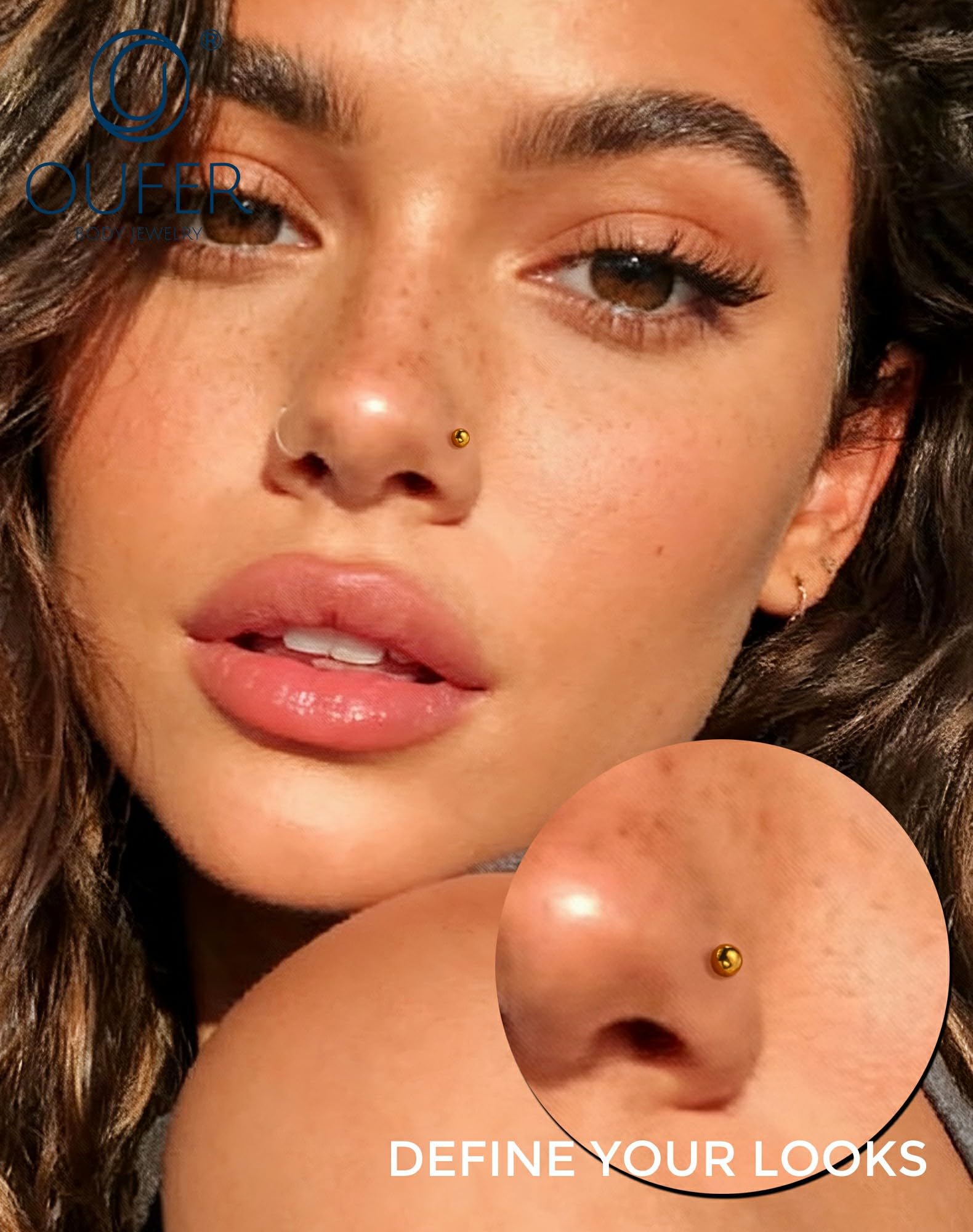 OUFER Body Piercing Nose Studs: 5PCS 20G Titanium Nose Bar L Shaped Nose Rings, 6 mm Gold Nostril Piercing Jewelry Cubic Diamond Thin Body Jewellery for Women - 5