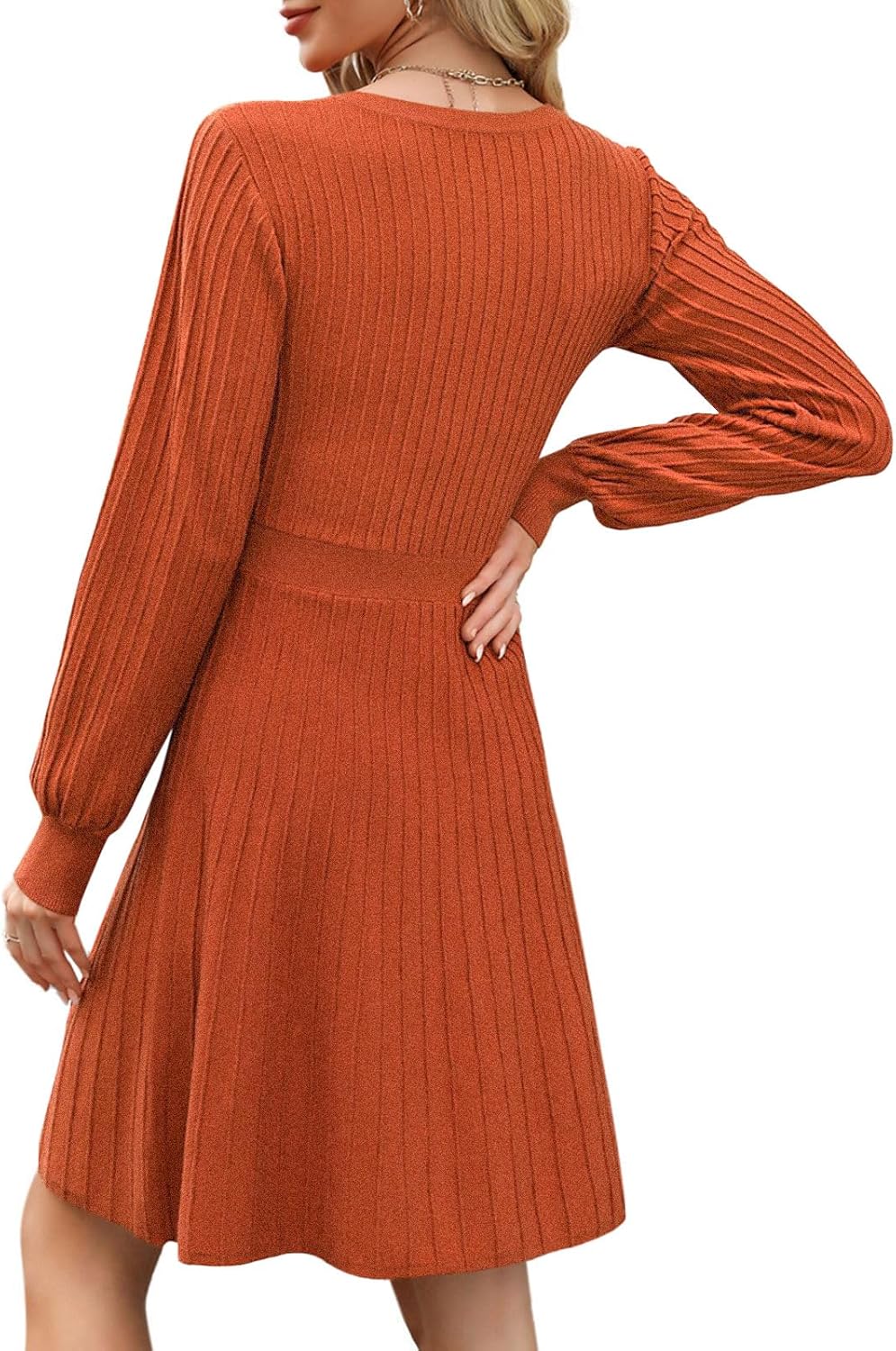 Miladusa Sweater Dress for Women Trendy Long Sleeve Dress Square Neck A Line Ribbed Knit Swing Dress Brown S - Image 3