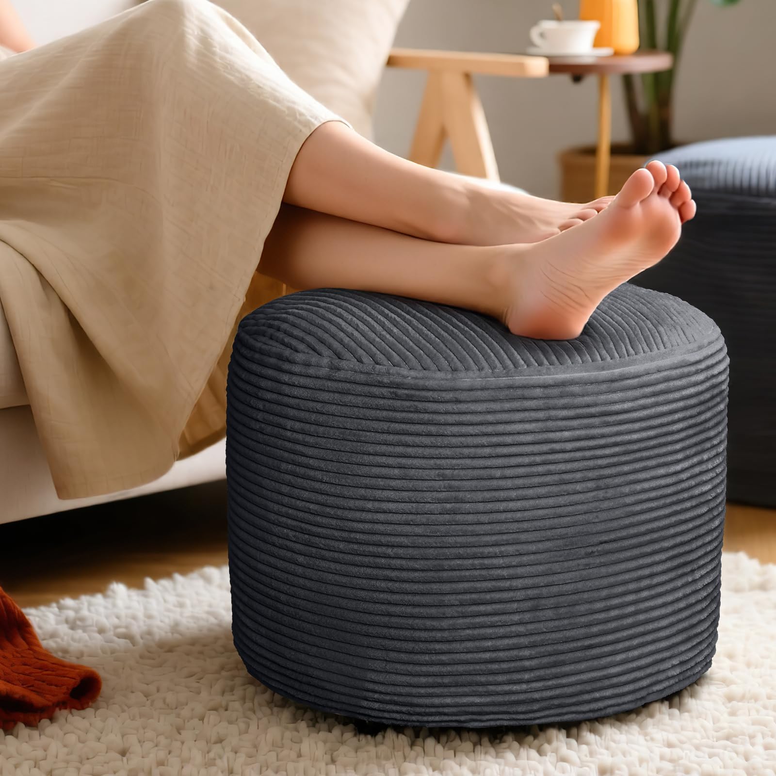 AMCATON Round Corduroy Ottoman Foot Rest Pouf for Living Room Couch - Soft Plush Shredded Foam Filled Hassock Stool, Comfy Footstool