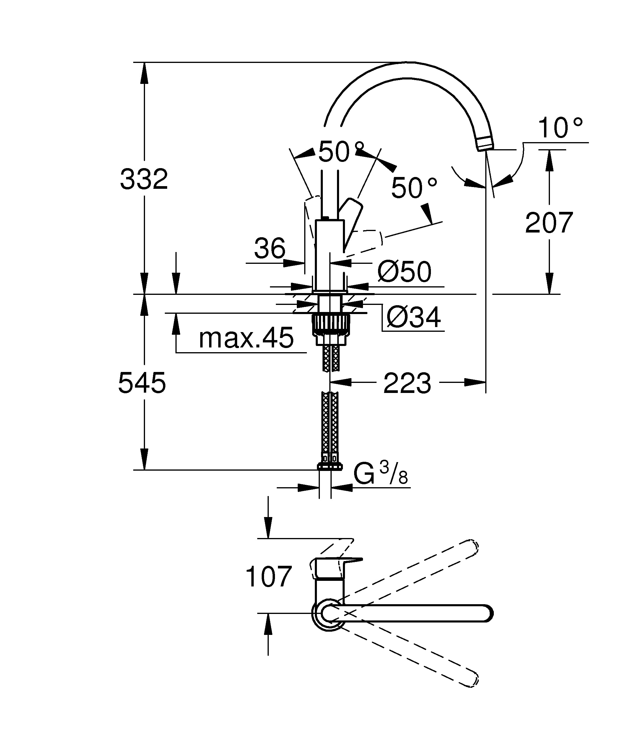 GROHE BauEdge – Single Lever Kitchen Mixer Tap (Monobloc Installation, High Spout, Swivel Area 360˚, 28 mm Ceramic Cartridge, Tails 3/8 inch), Easy Installation, Size 332 mm, Chrome, 31367001