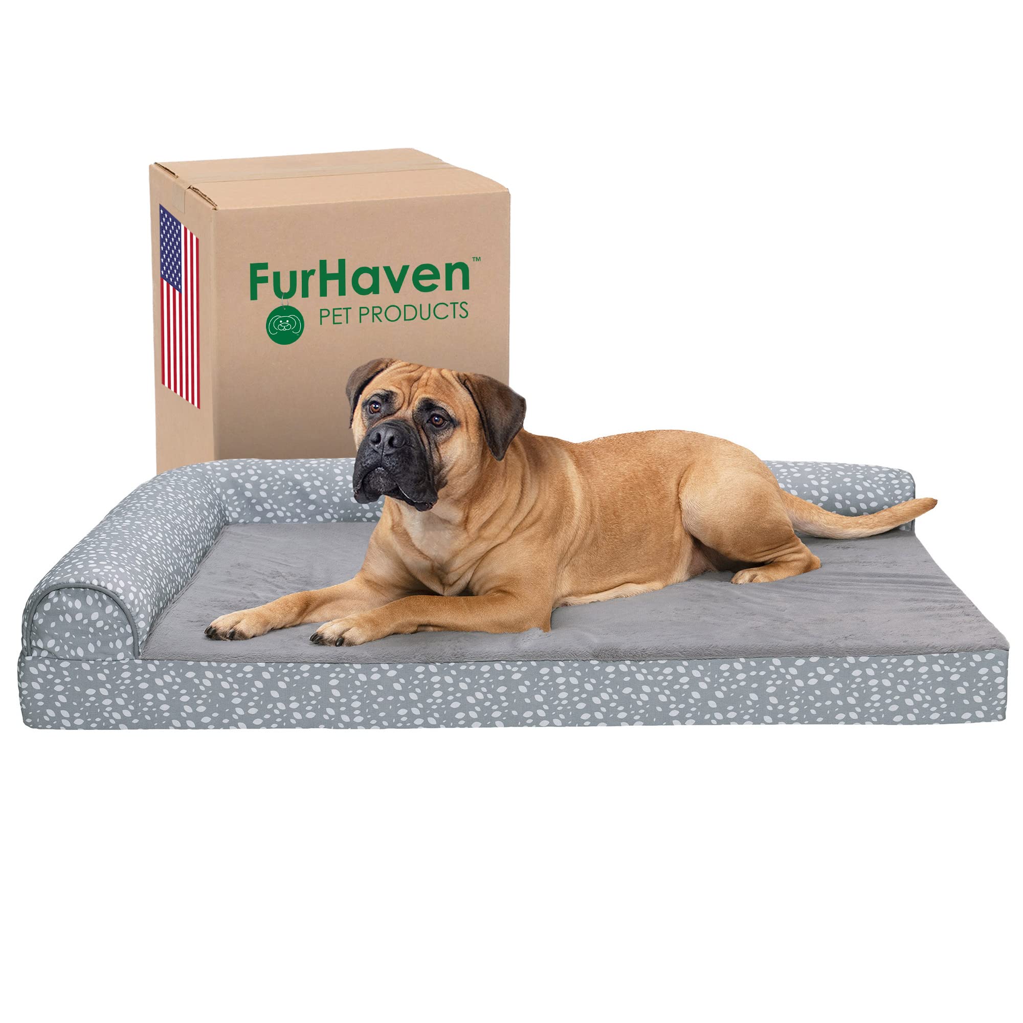 Furhaven Memory Foam Dog Bed for Large Dogs w/ Removable Bolsters & Washable Cover, For Dogs Up to 125 lbs - Plush & Almond Print L Shaped Chaise -